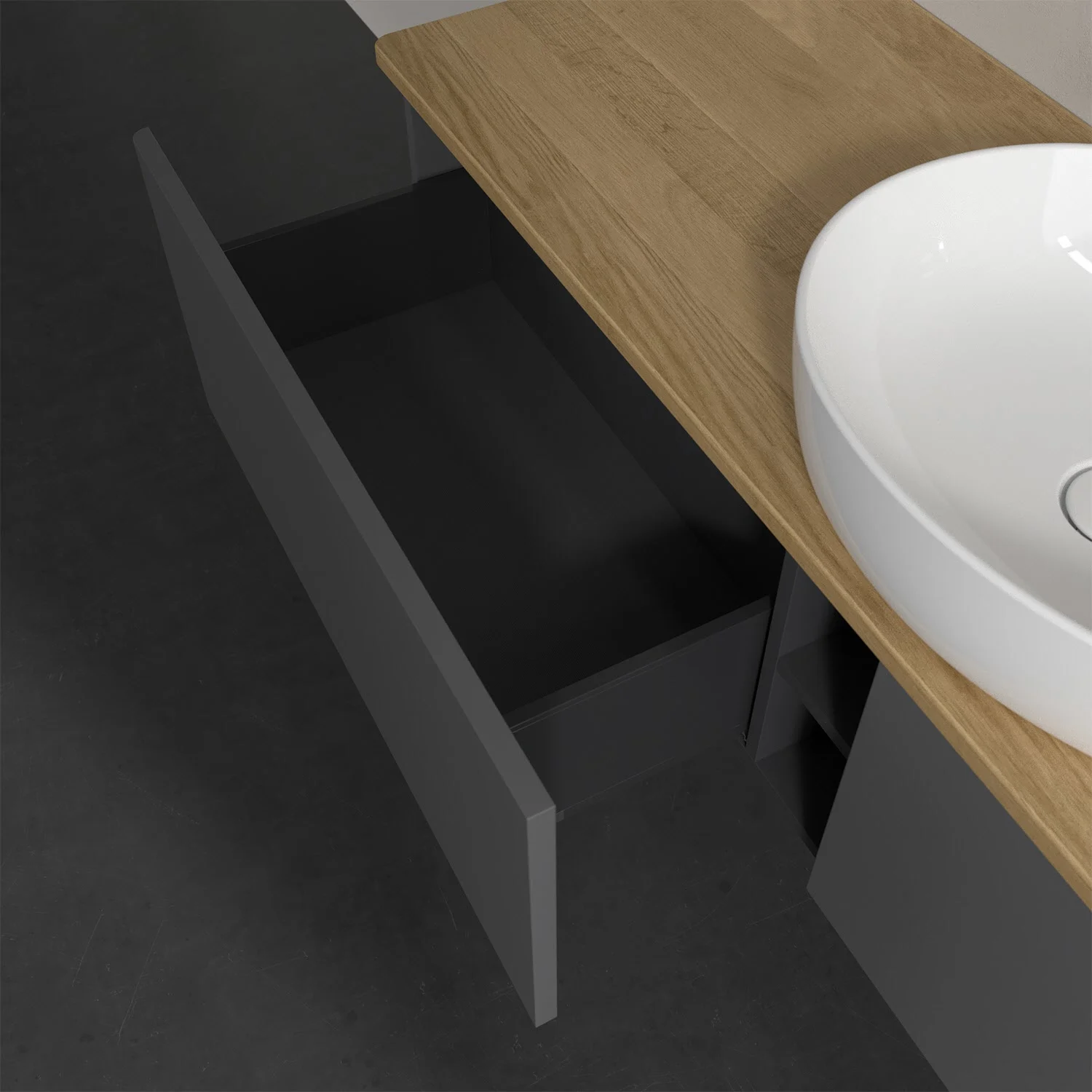 Otwarta szuflada pod umywalką z drewnianym blatem, Villeroy & Boch