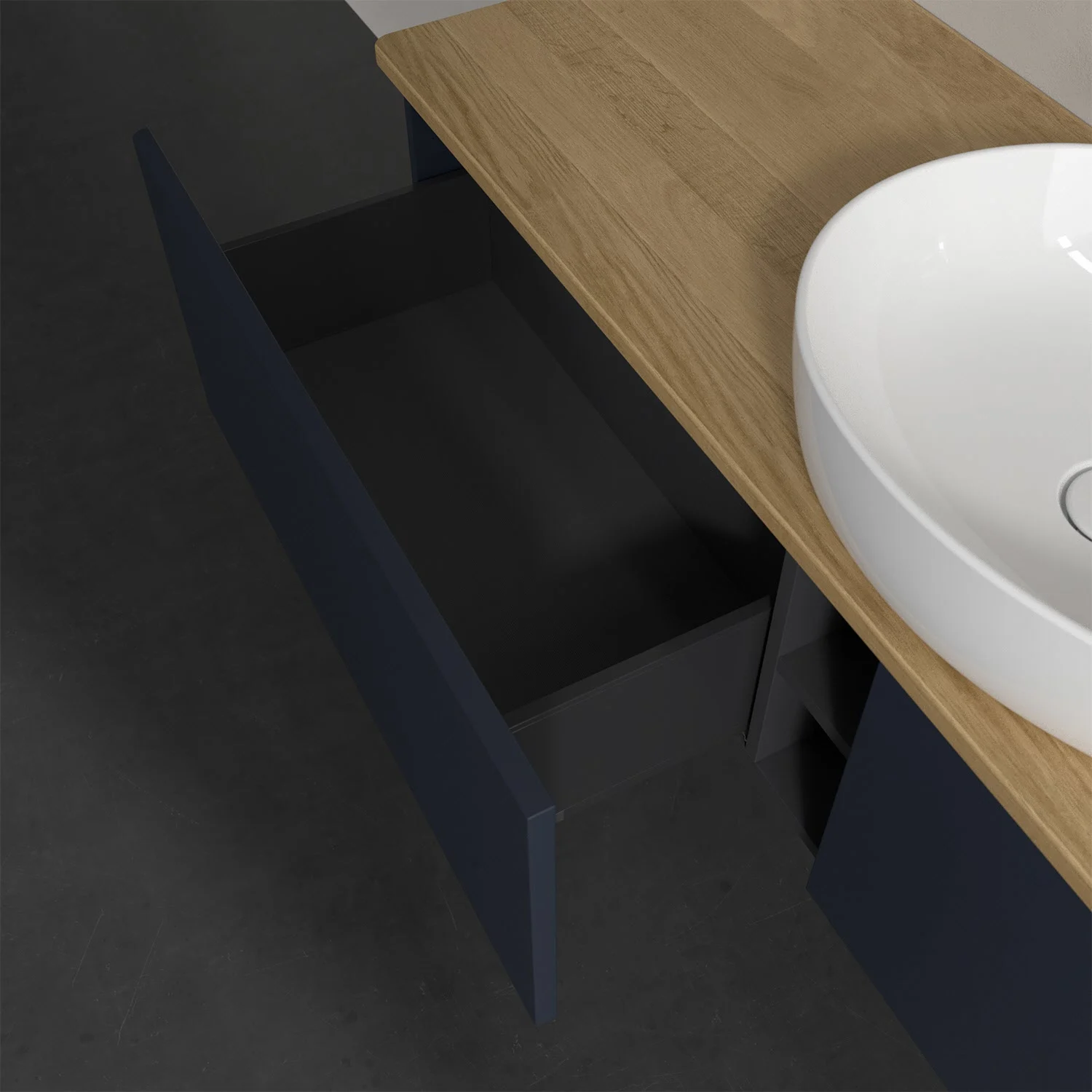 Otwarta szuflada pod umywalką z drewnianym blatem, Villeroy & Boch