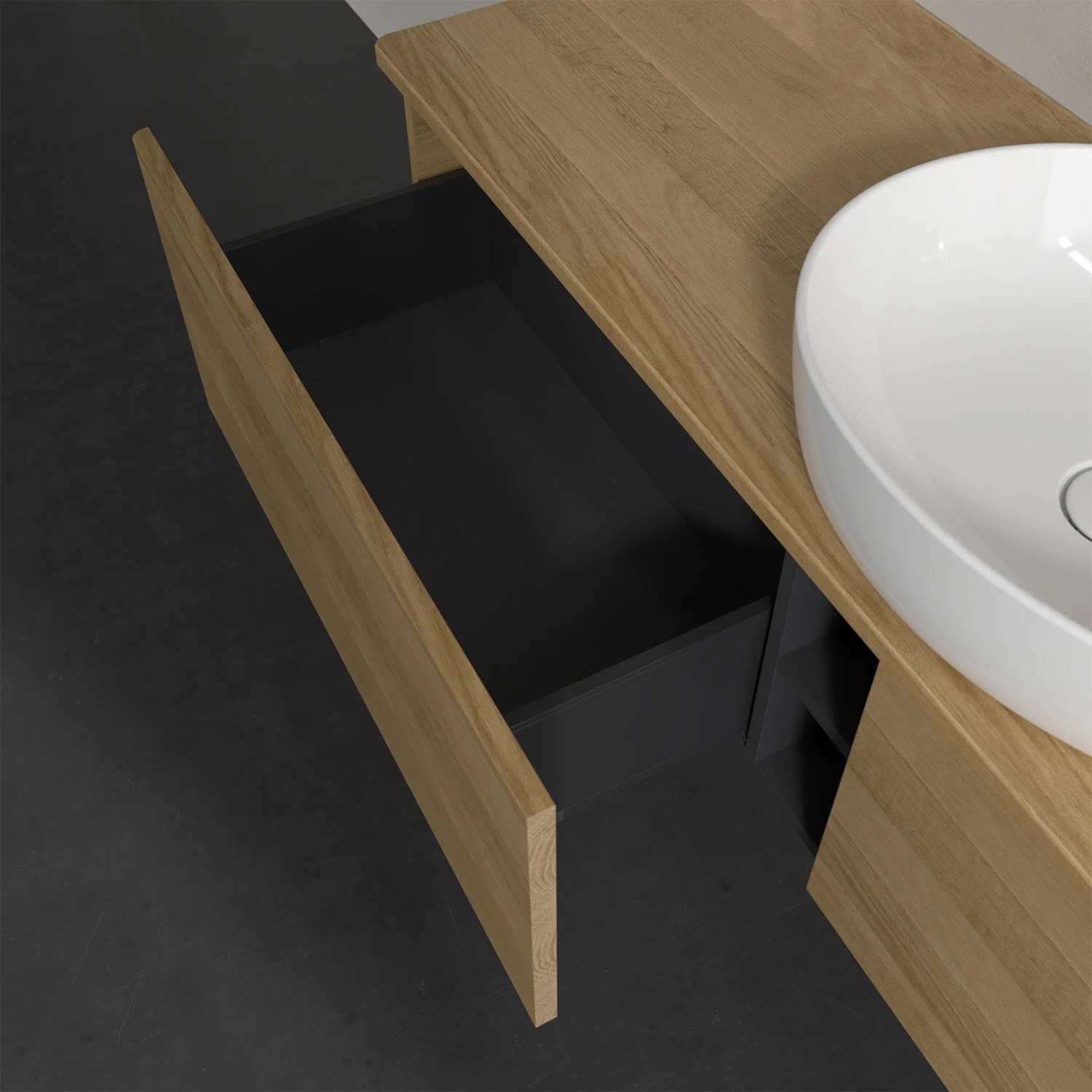 Otwarta szuflada pod zlewem z drewnianym blatem, Villeroy & Boch