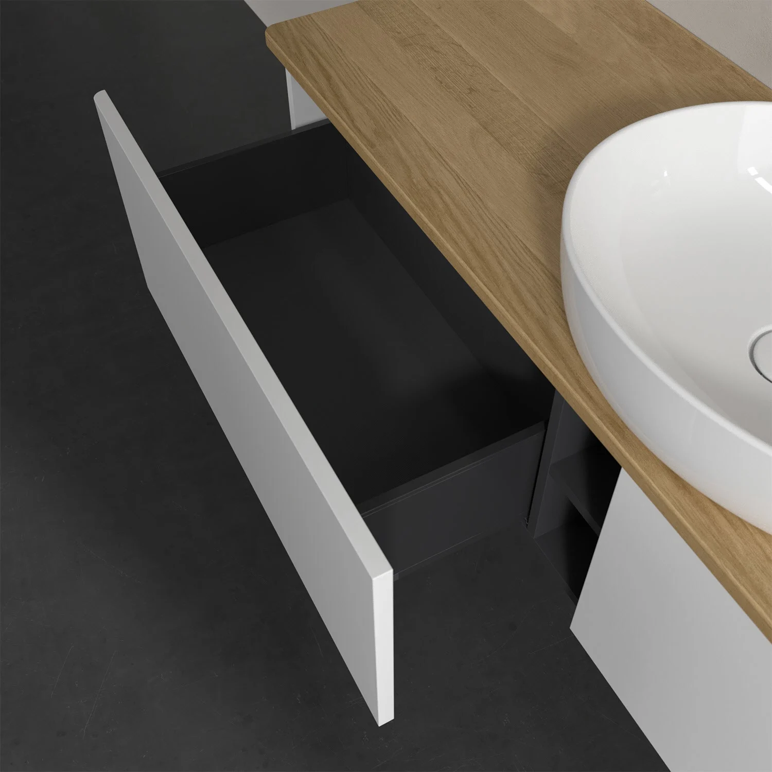 Otwarta szuflada pod zlewem z drewnianym blatem, Villeroy & Boch
