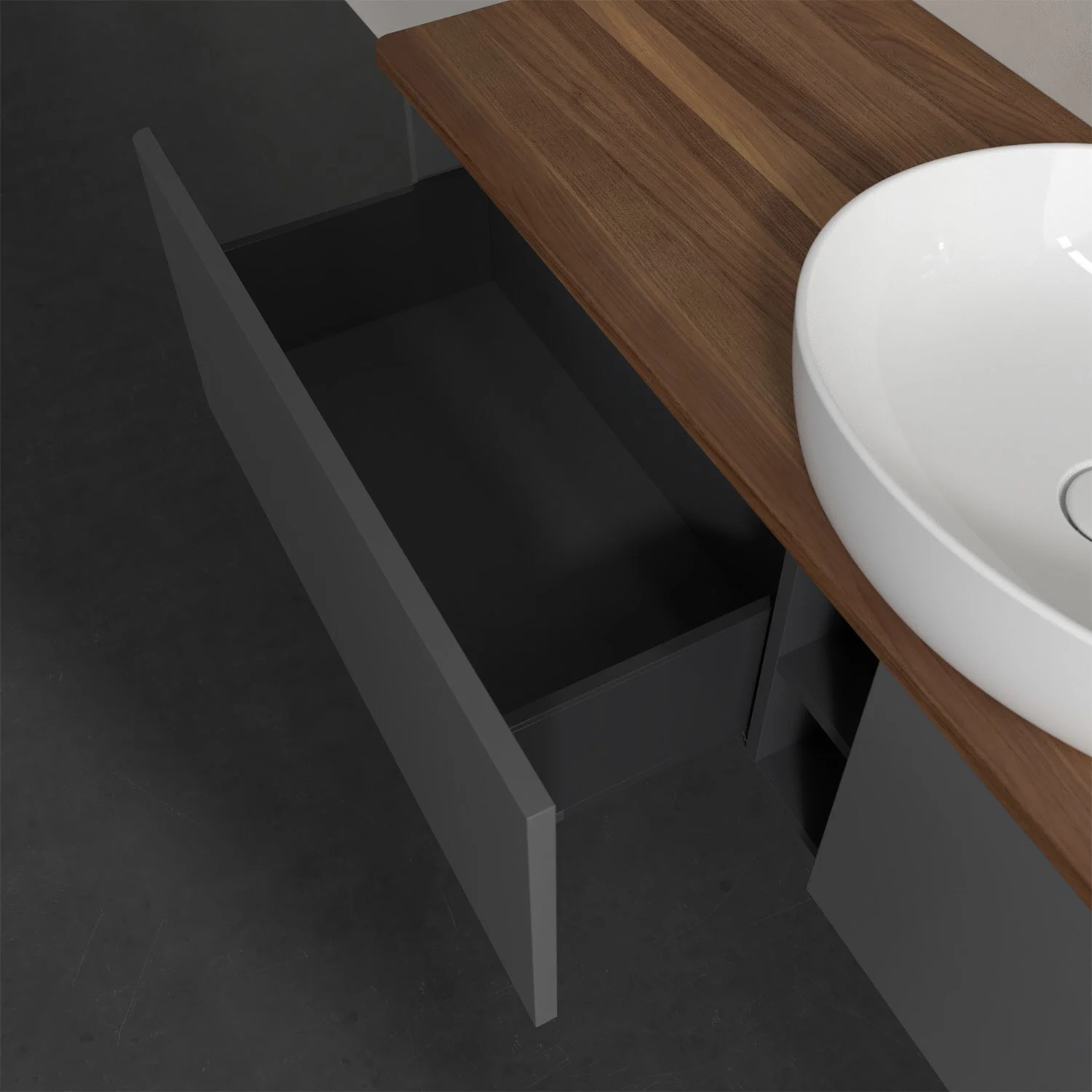 Zbliżenie umywalki z otwartą szafką, Villeroy & Boch