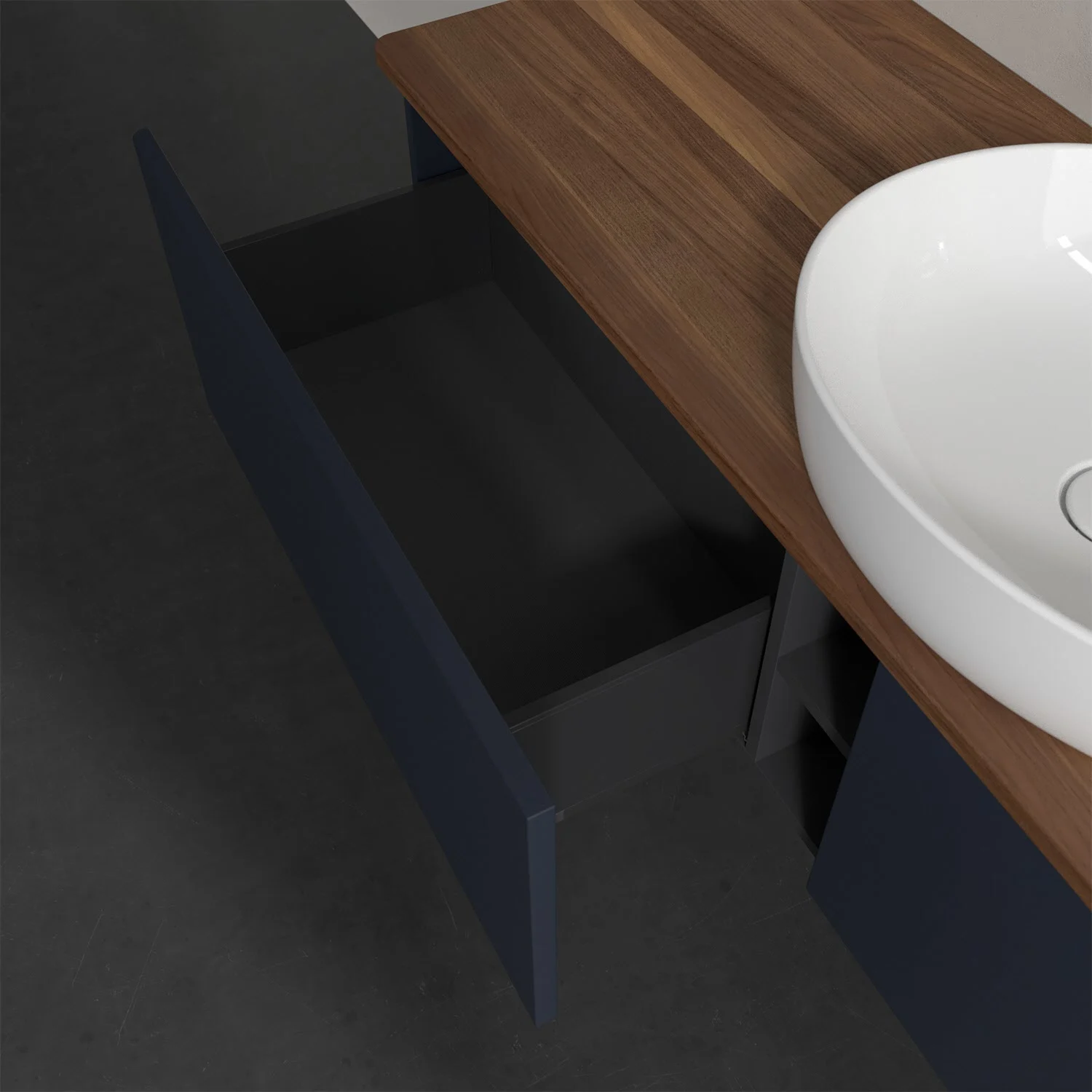 Zbliżenie umywalki z otwartą szafką, Villeroy & Boch