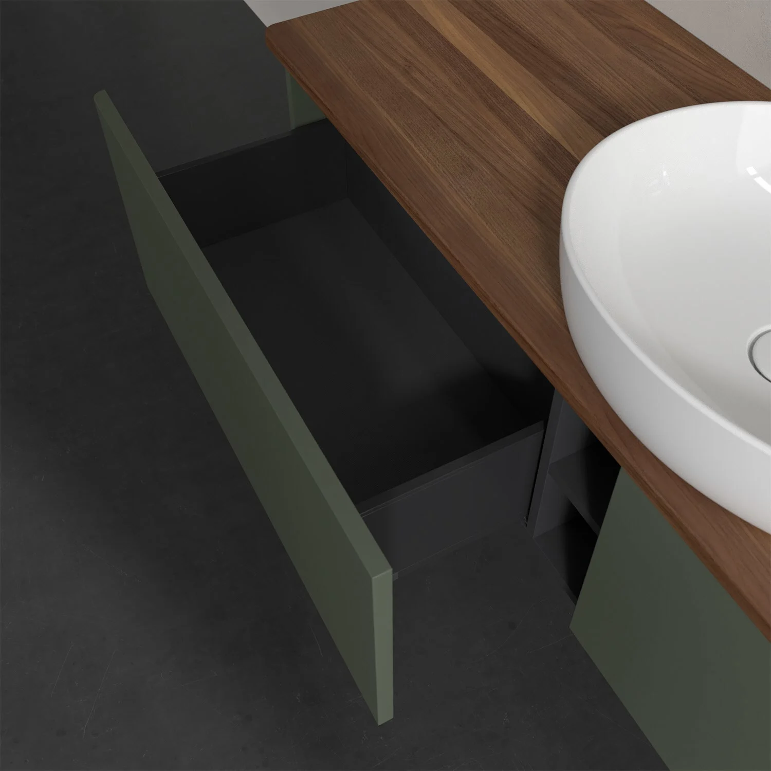 Otwarta szuflada z zieloną szafką i zlewem, Villeroy & Boch