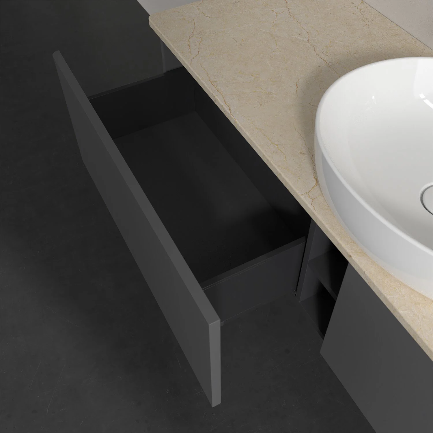 Zbliżenie otwartej szafki z szufladami w łazience, Villeroy & Boch