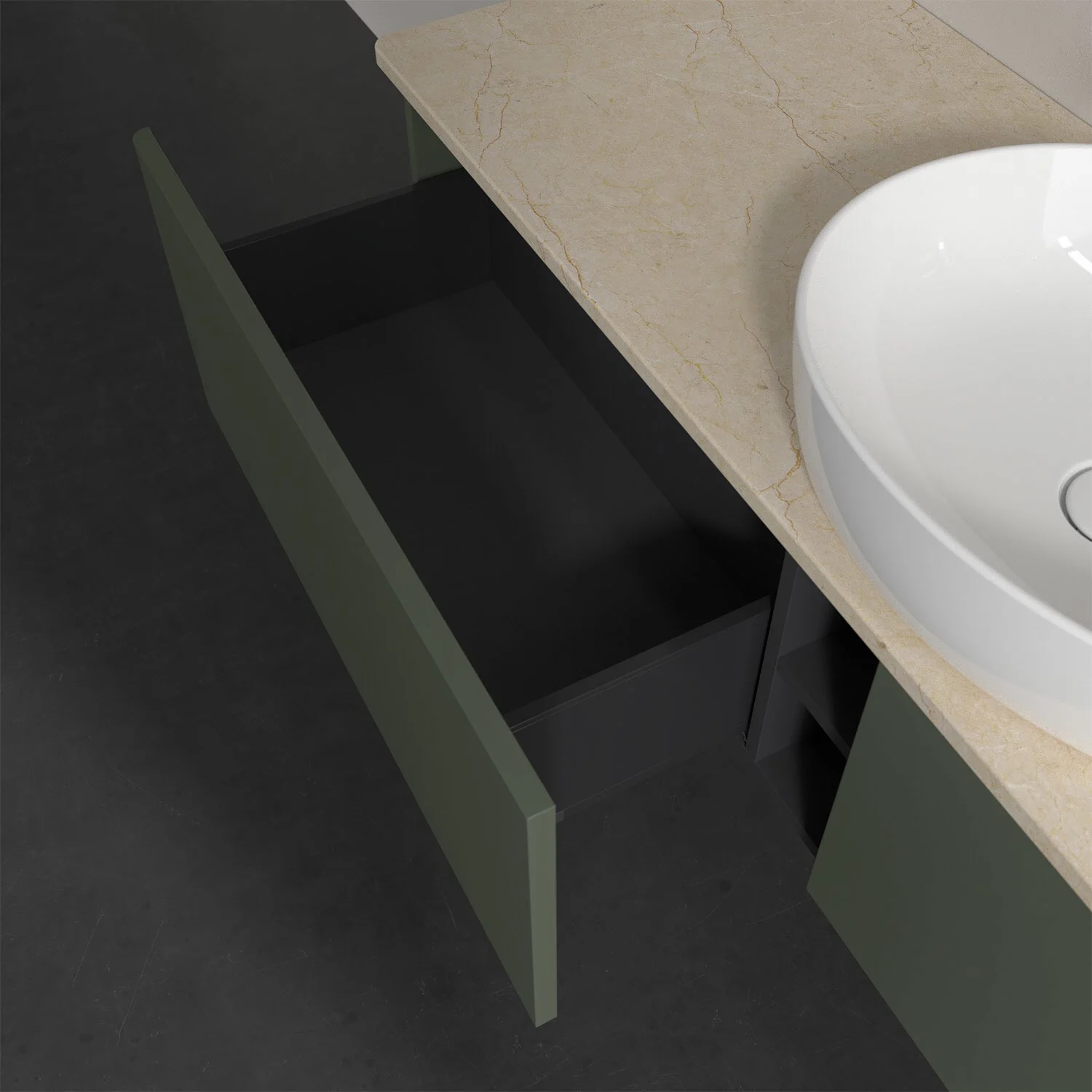 Otwarta szuflada pod umywalką z marmurową powierzchnią, Villeroy & Boch