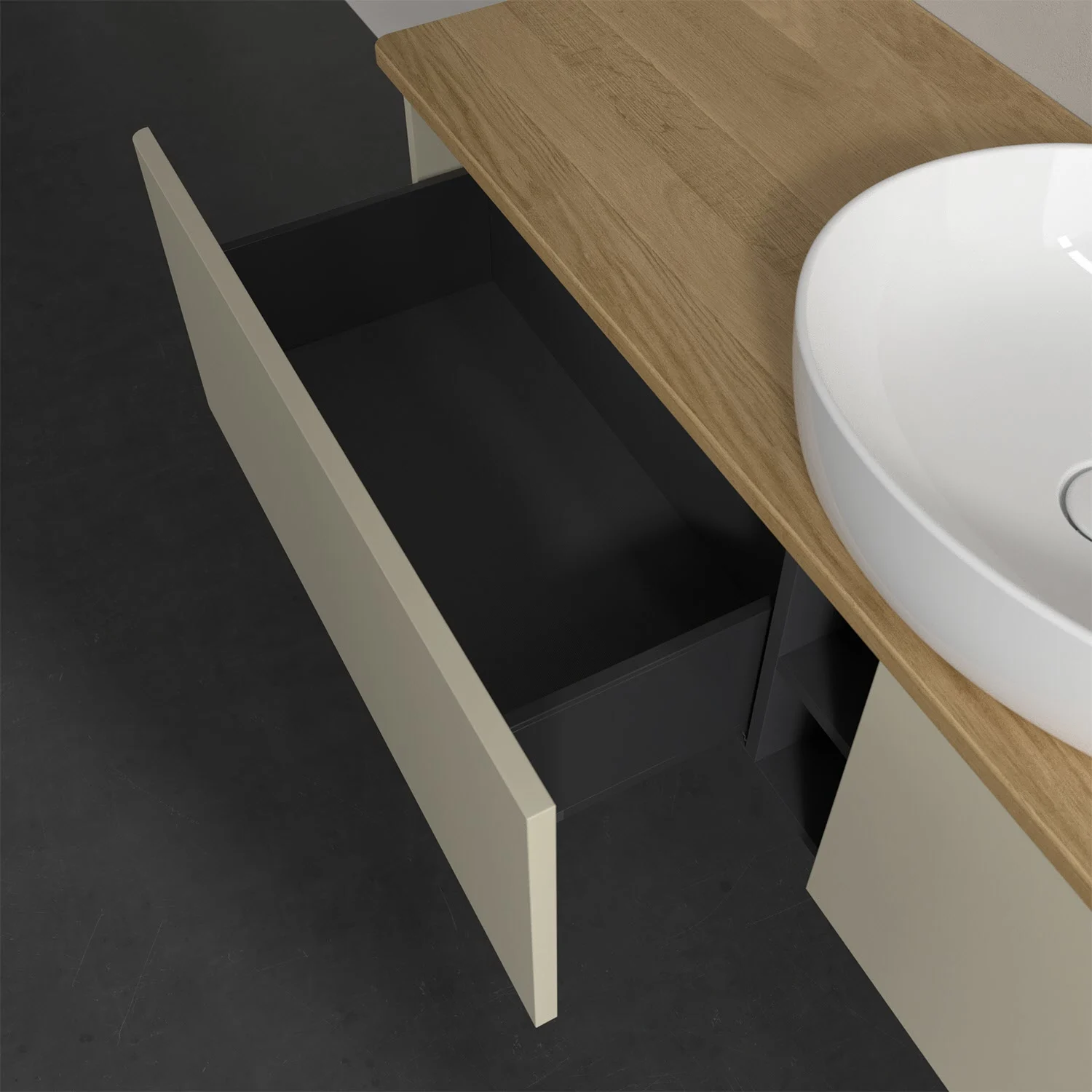 Otwarta szuflada pod umywalką w drewnianym stylu, Villeroy & Boch