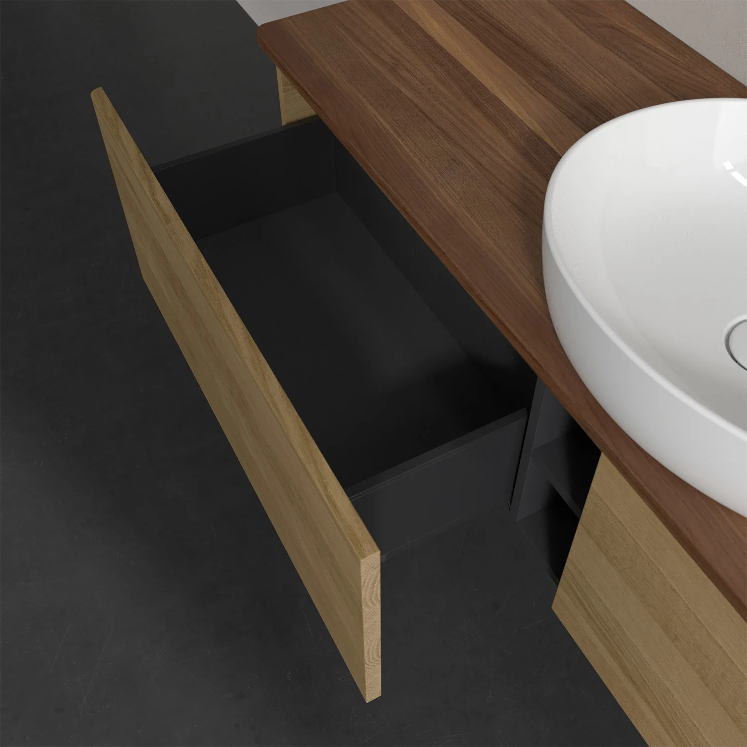 Otwarta szuflada z drewnianym frontem i drewnianym blatem, Villeroy & Boch