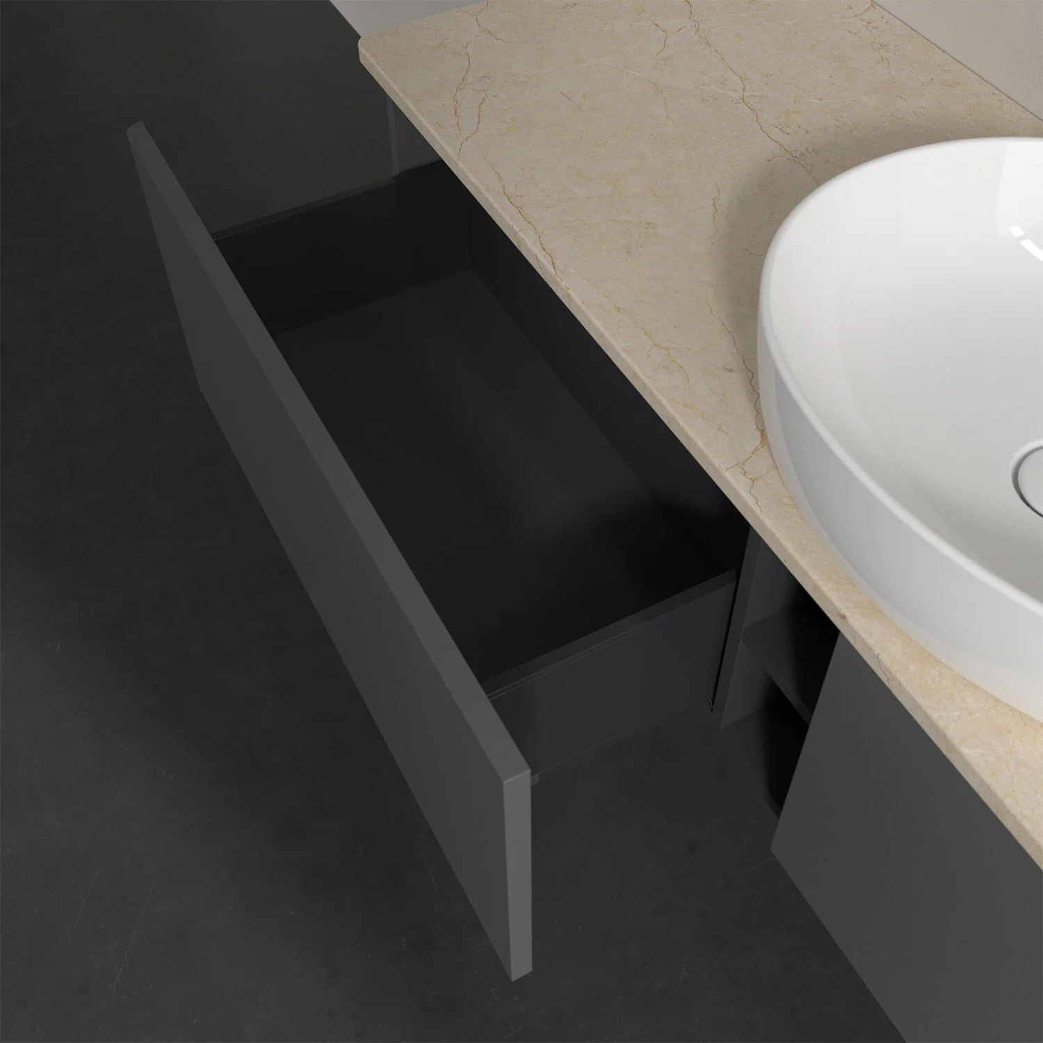 Zbliżenie otwartej szafki z umywalką, Villeroy & Boch