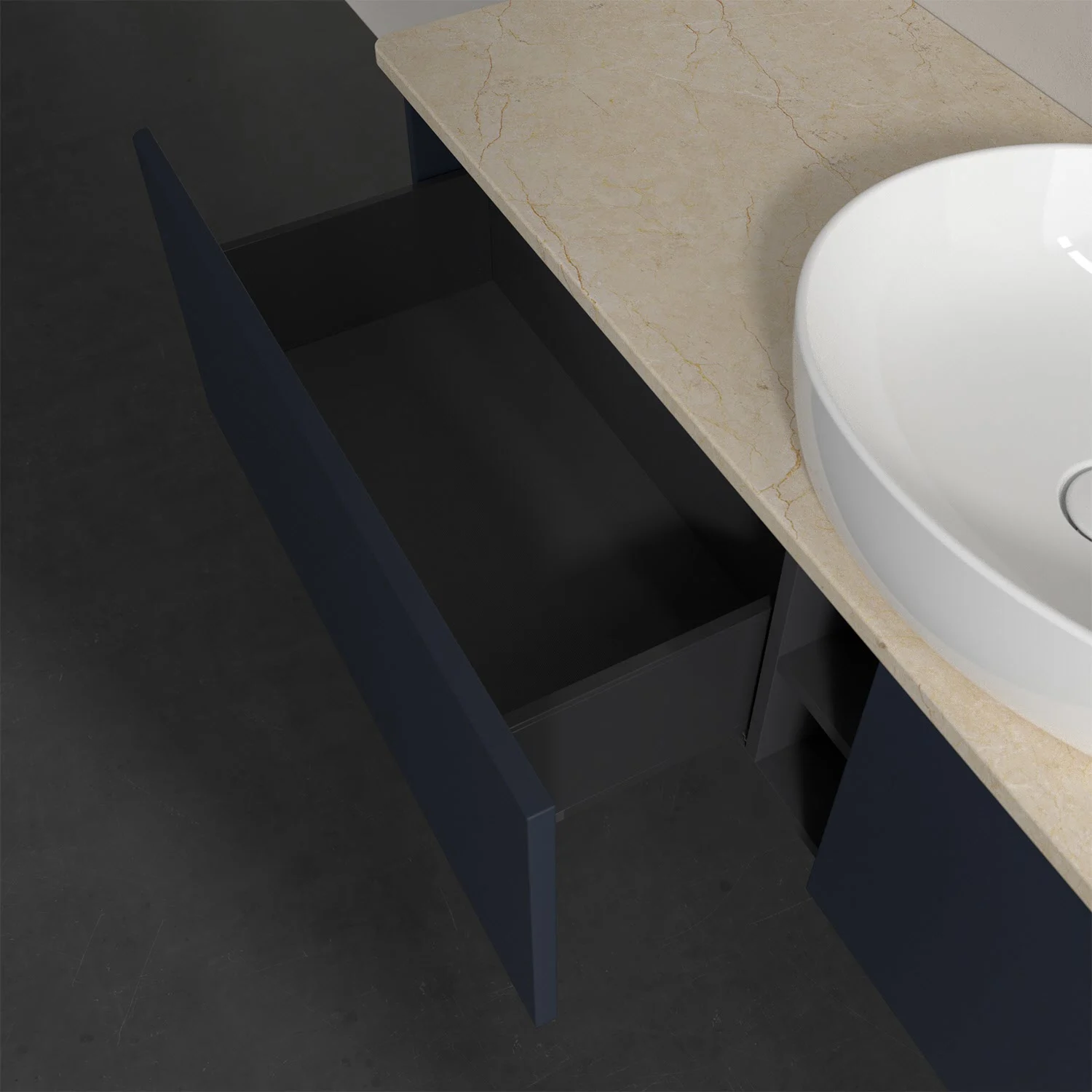 Zbliżenie otwartej szafki łazienkowej z umywalką, Villeroy & Boch