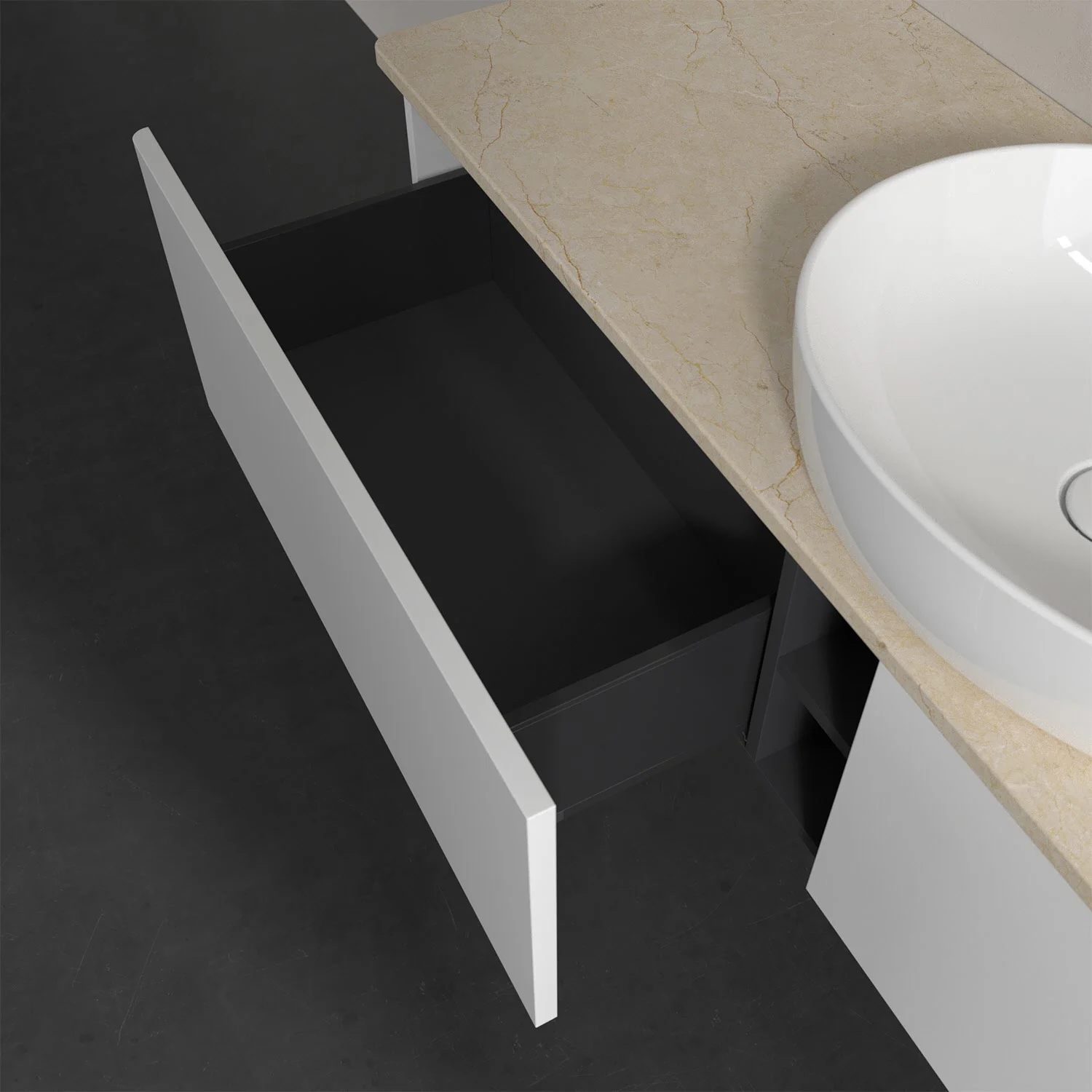 Otwarta szuflada pod białą umywalką, Villeroy & Boch