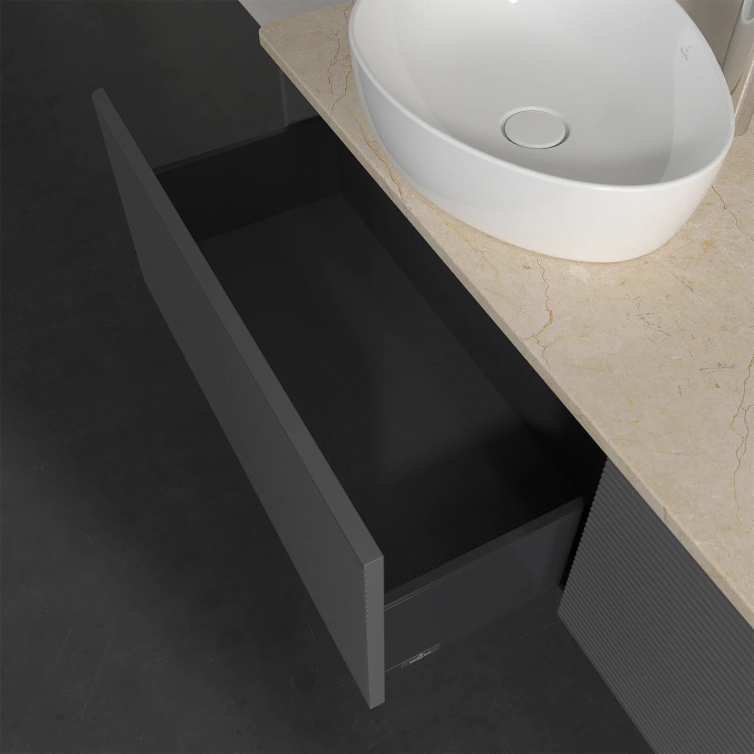 Otwarta szuflada pod umywalką w zbliżeniu, Villeroy & Boch