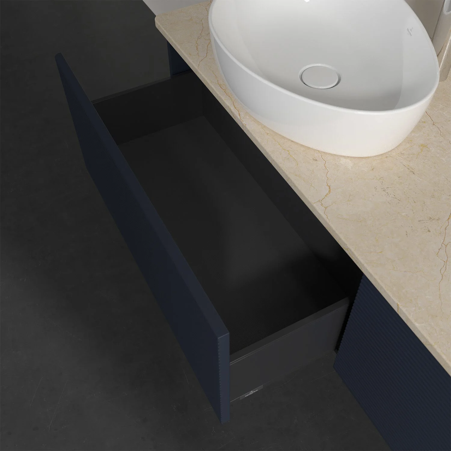 Zbliżenie otwartej szafki łazienkowej z umywalką, Villeroy & Boch