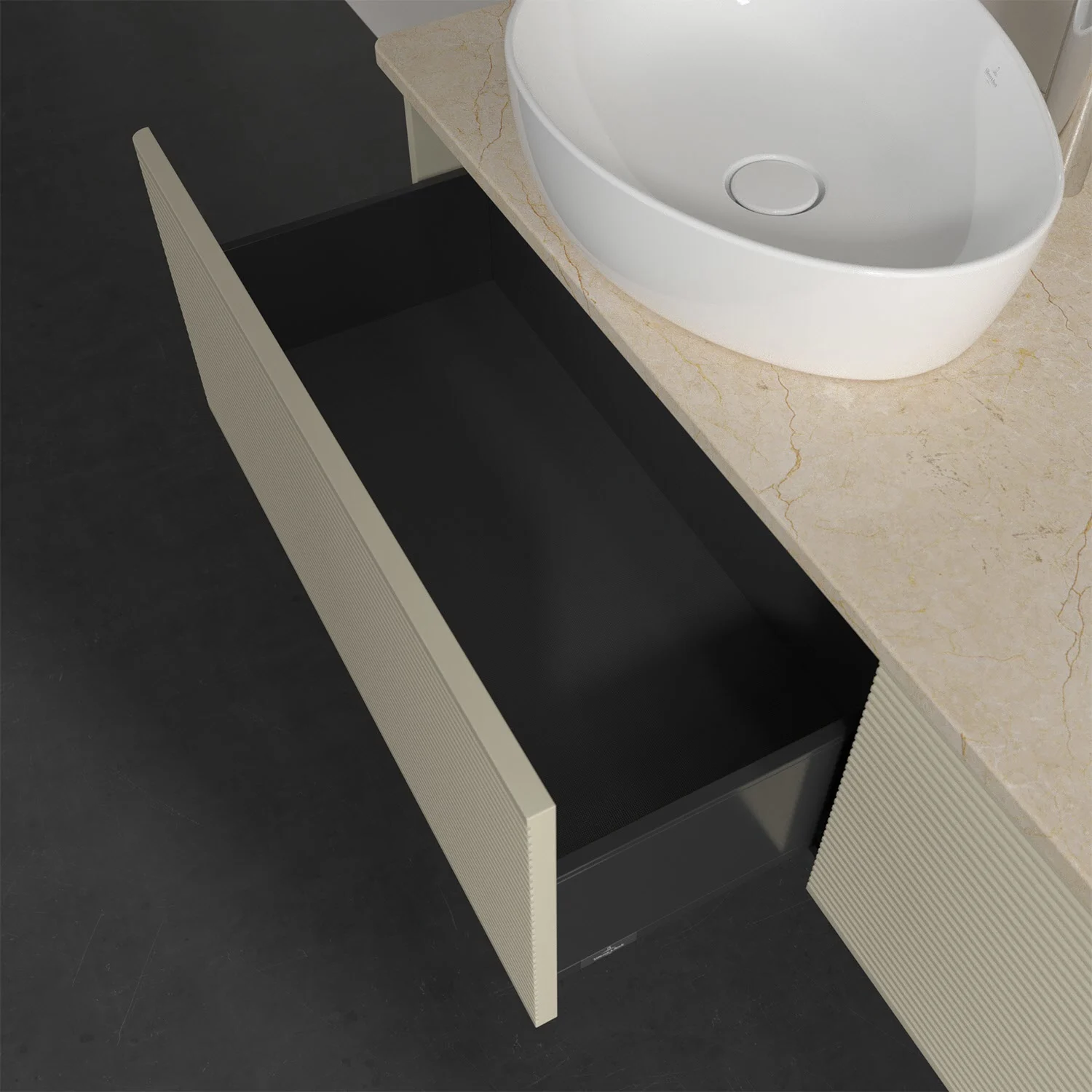 Zbliżenie otwartej szafki łazienkowej z umywalką, Villeroy & Boch