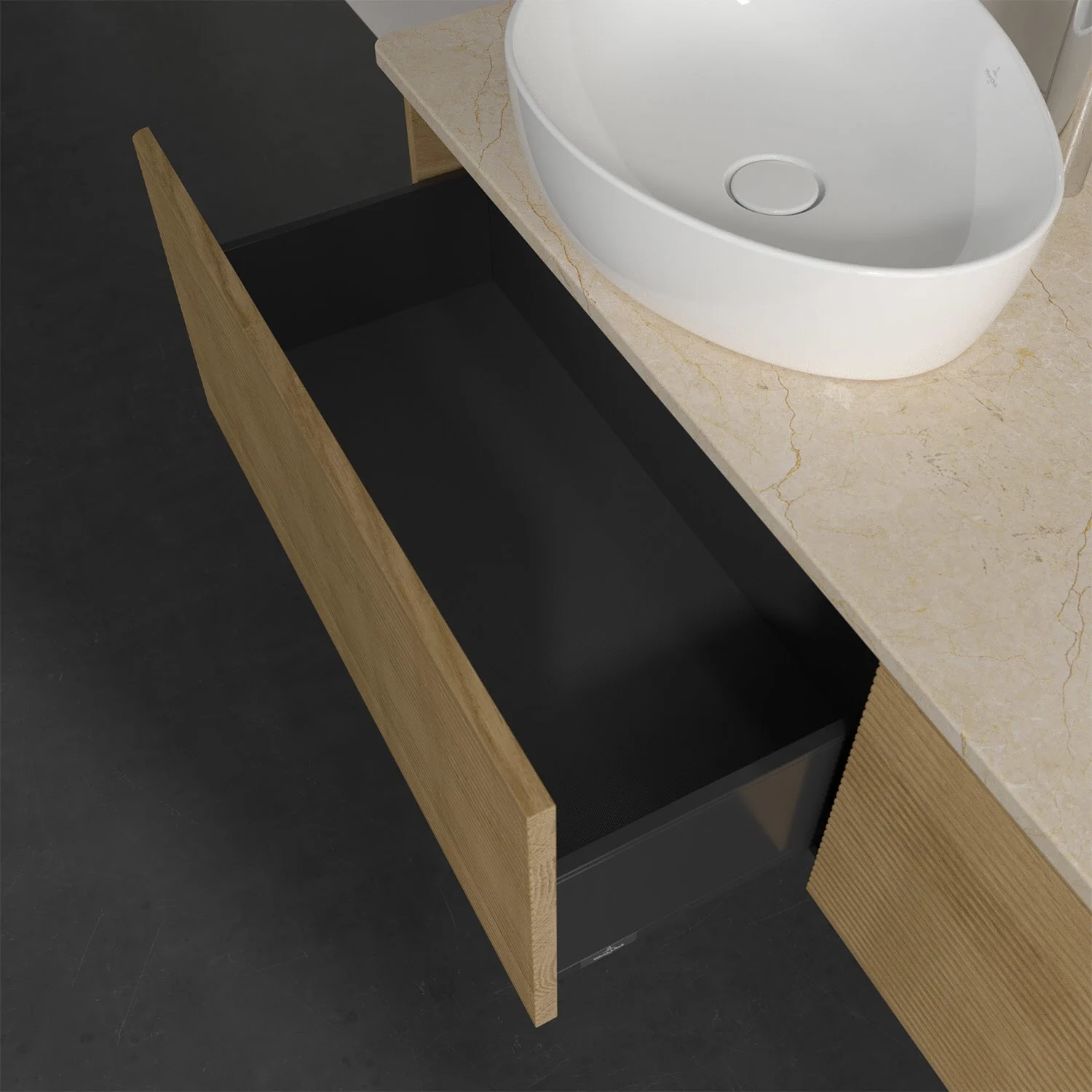 Otwarta szuflada pod umywalką w zbliżeniu, Villeroy & Boch