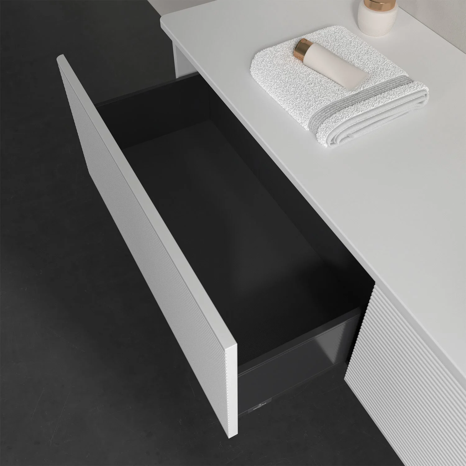 Otwarta szuflada pod umywalką w łazience, Villeroy & Boch