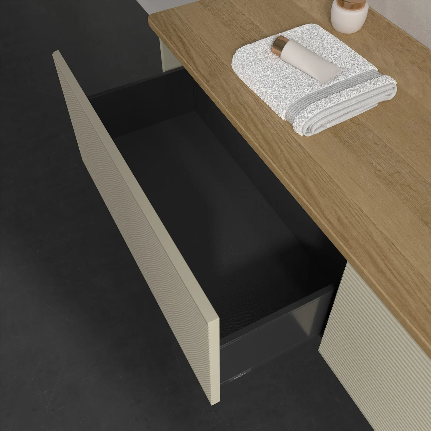 Otwarta szuflada pod drewnianym blatem w łazience, Villeroy & Boch