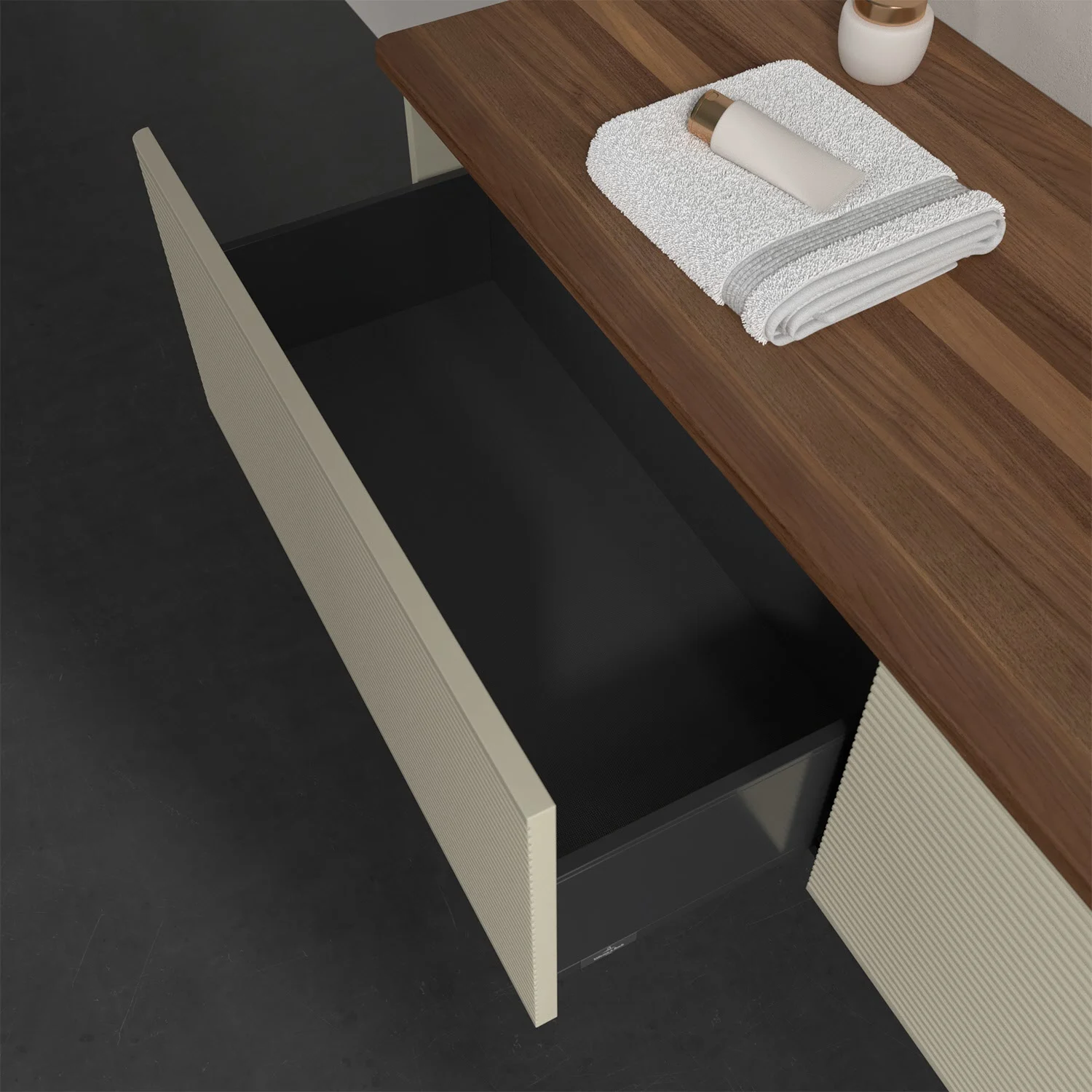 Otwarta szuflada pod drewnianym blatem w łazience, Villeroy & Boch