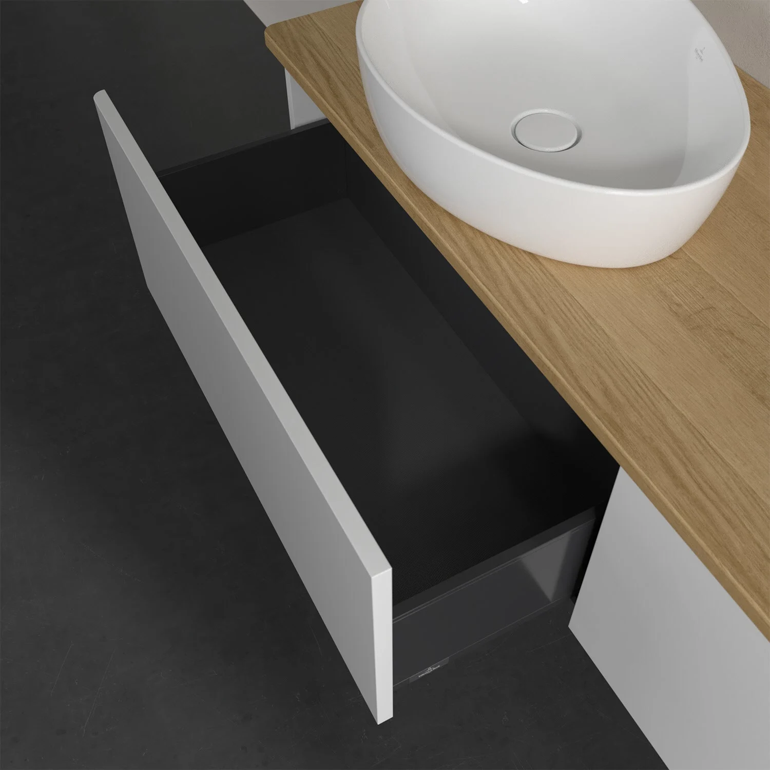 Zbliżenie na umywalkę z otwartą szufladą, Villeroy & Boch