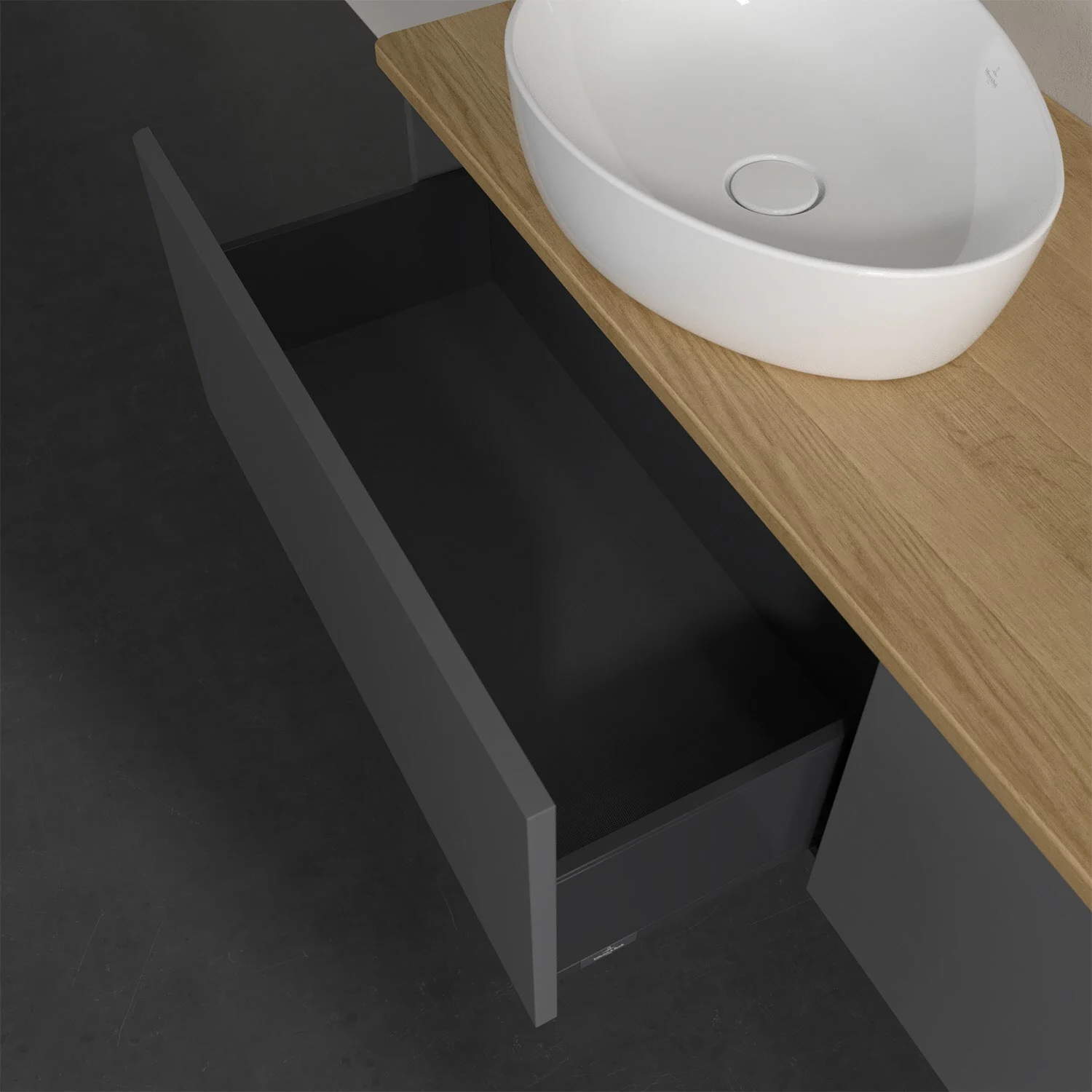 Zbliżenie na umywalkę z otwartą szufladą, Villeroy & Boch