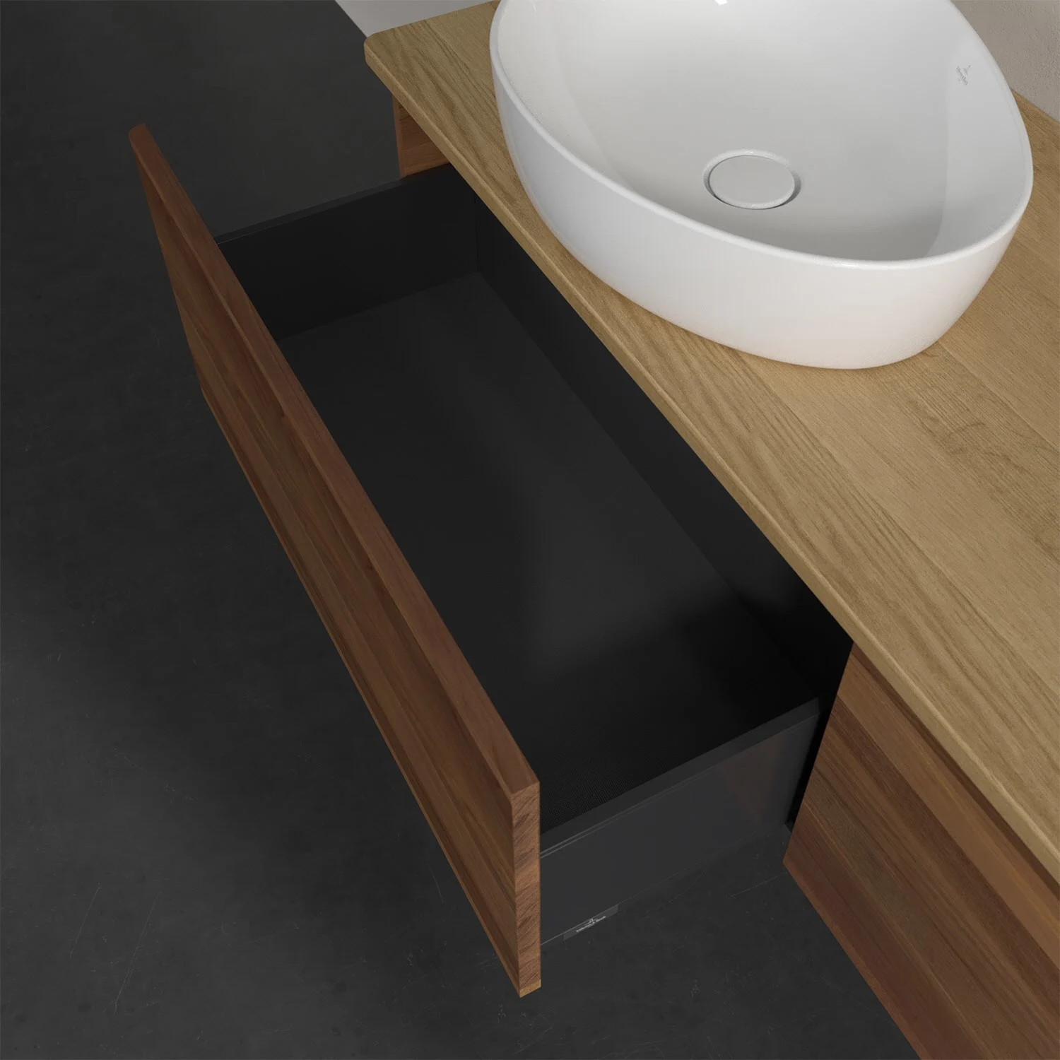 Otwarta szuflada pod drewnianą umywalką, Villeroy & Boch