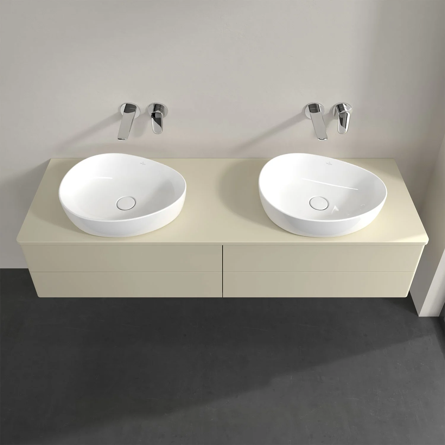Podwójna umywalka na beżowej szafce z góry, Villeroy & Boch
