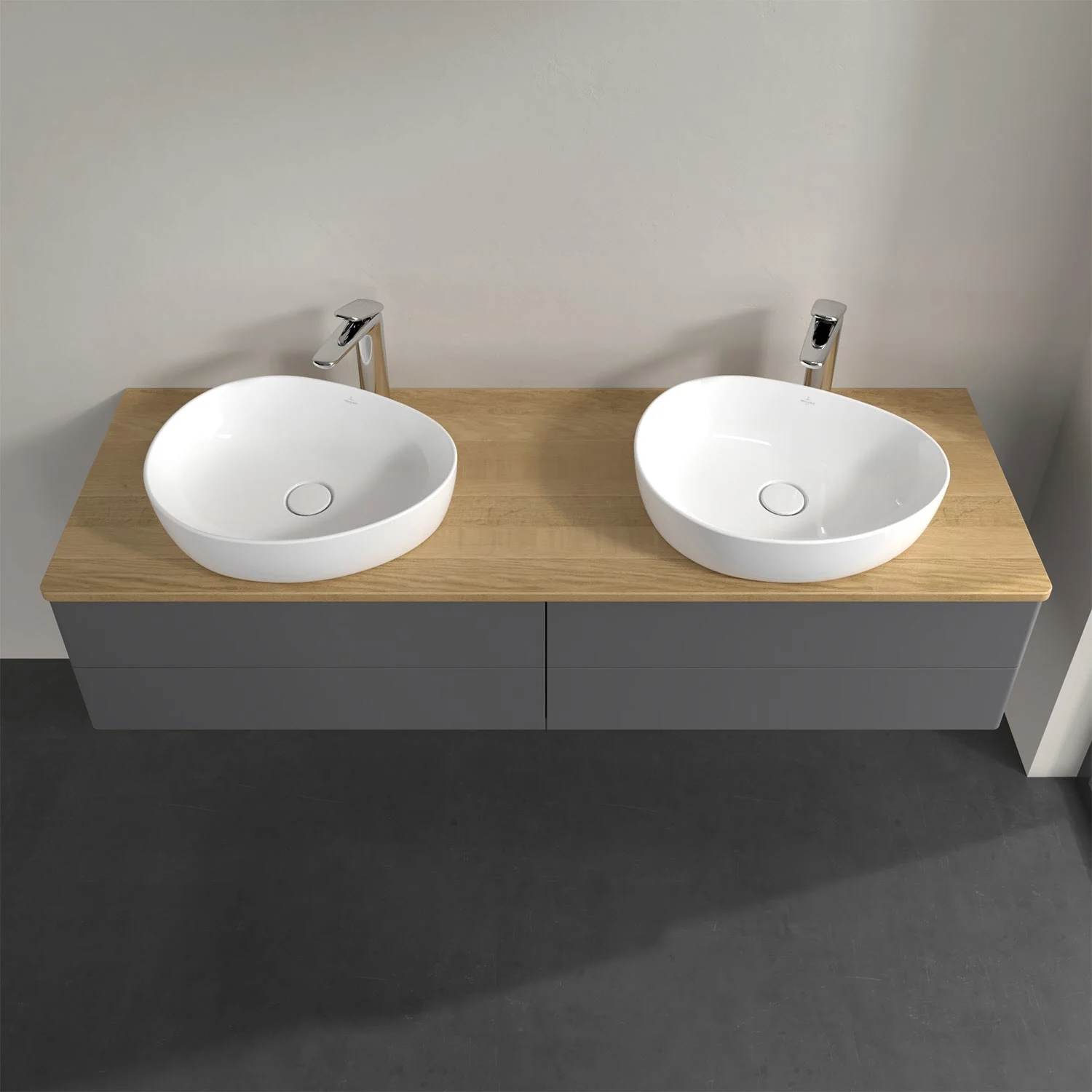 Podwójna umywalka na drewnianym blacie w łazience, Villeroy & Boch