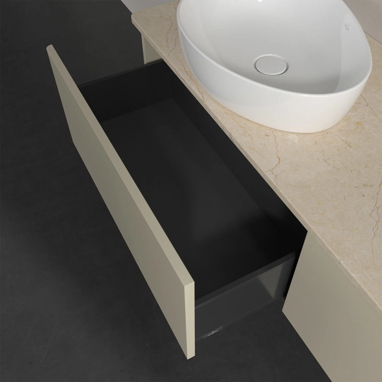 Otwarta szuflada pod umywalką z góry, Villeroy & Boch