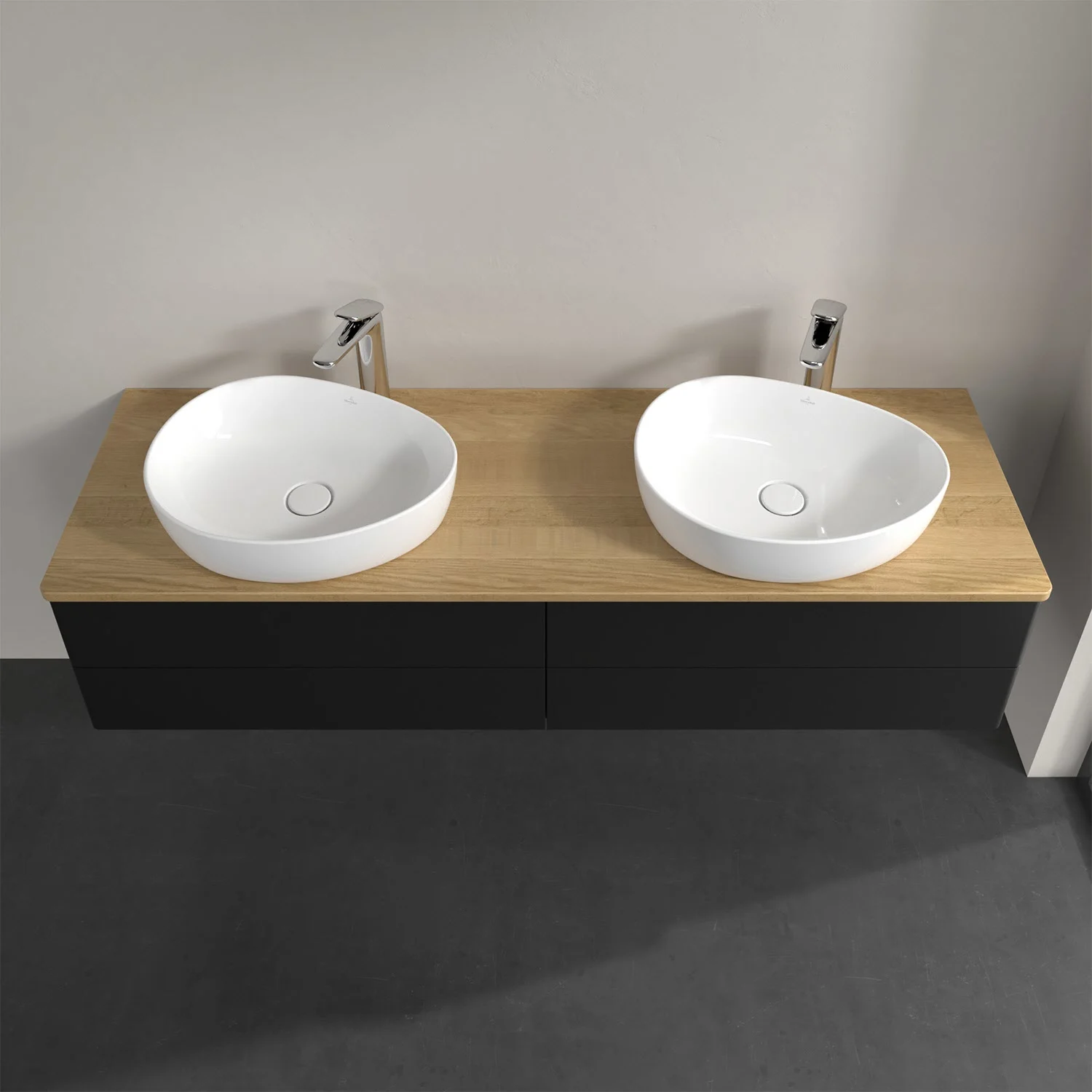 Podwójna umywalka na drewnianym blacie z góry, Villeroy & Boch