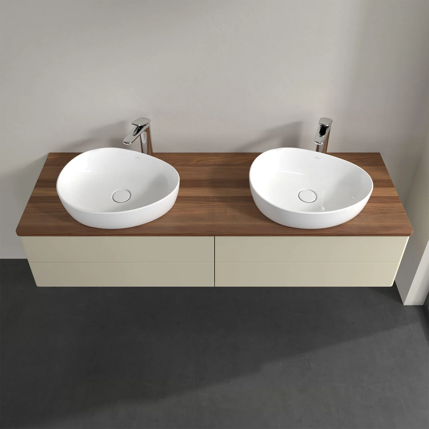 Podwójna umywalka na drewnianym blacie widok z góry, Villeroy & Boch