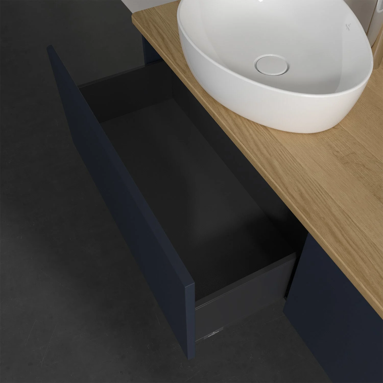Otwarta szuflada z umywalką w zbliżeniu, Villeroy & Boch