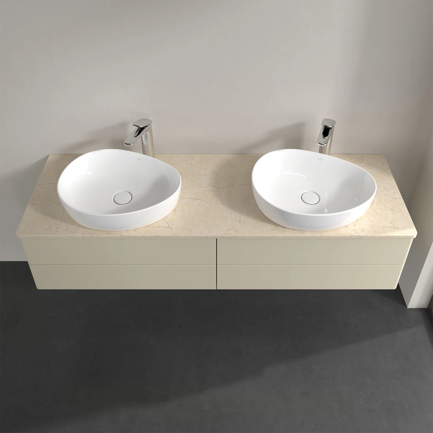 Podwójna umywalka na beżowej szafce z góry, Villeroy & Boch