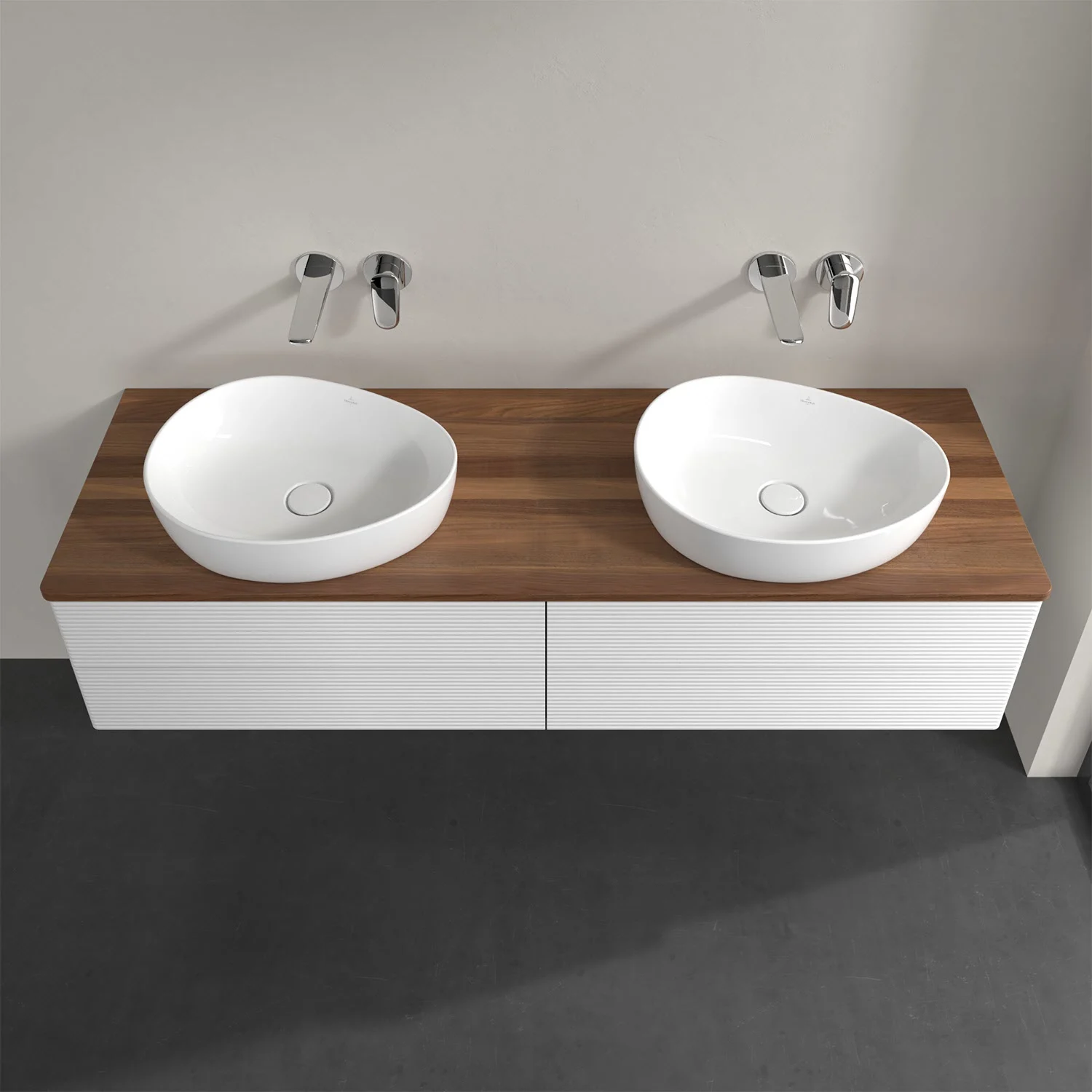 Podwójna umywalka na drewnianym blacie w łazience, Villeroy & Boch