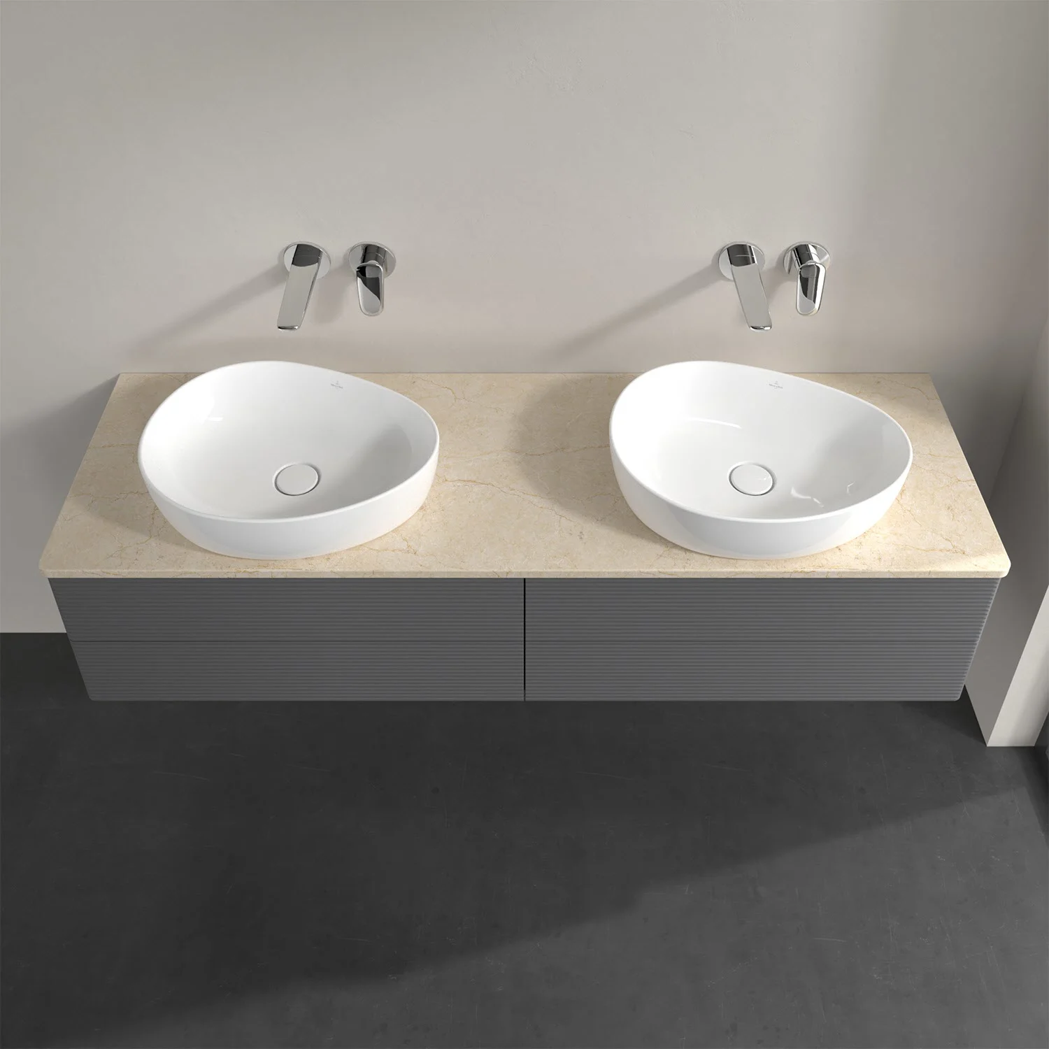 Podwójna umywalka z szarą powierzchnią w łazience, Villeroy & Boch