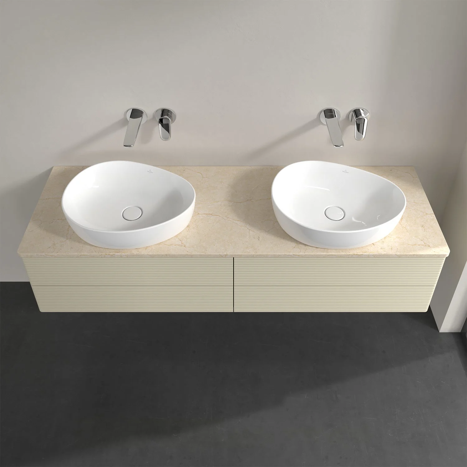 Podwójna umywalka z beżową powierzchnią w łazience, Villeroy & Boch