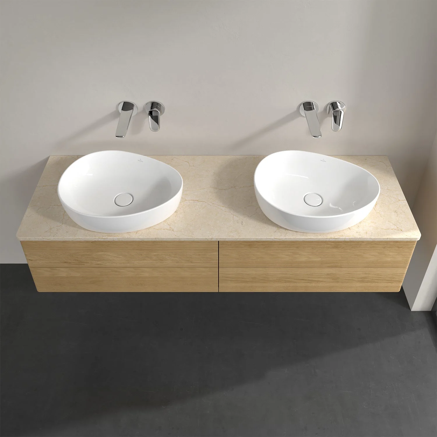Podwójna umywalka na drewnianej szafce w łazience, Villeroy & Boch