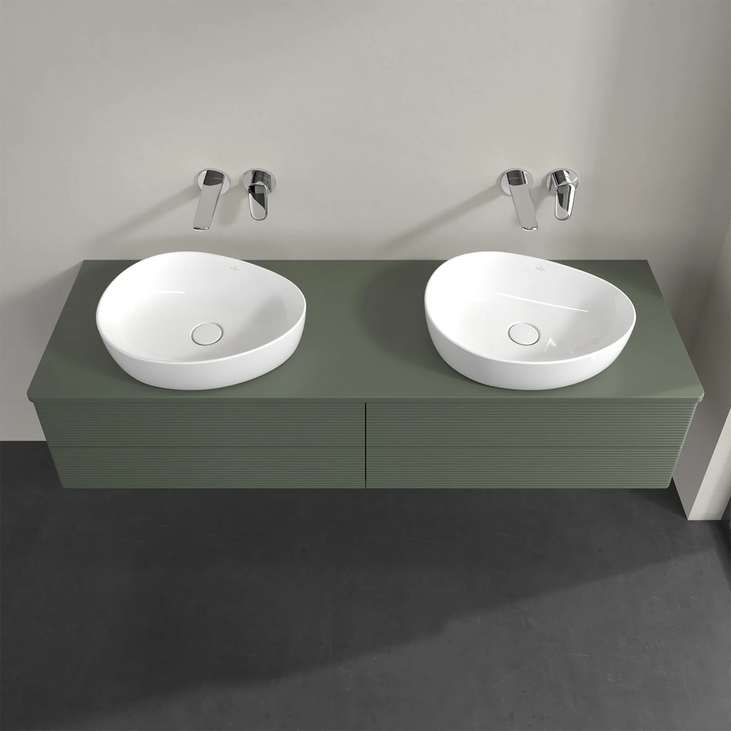 Podwójna umywalka na zielonym blacie w łazience, Villeroy & Boch