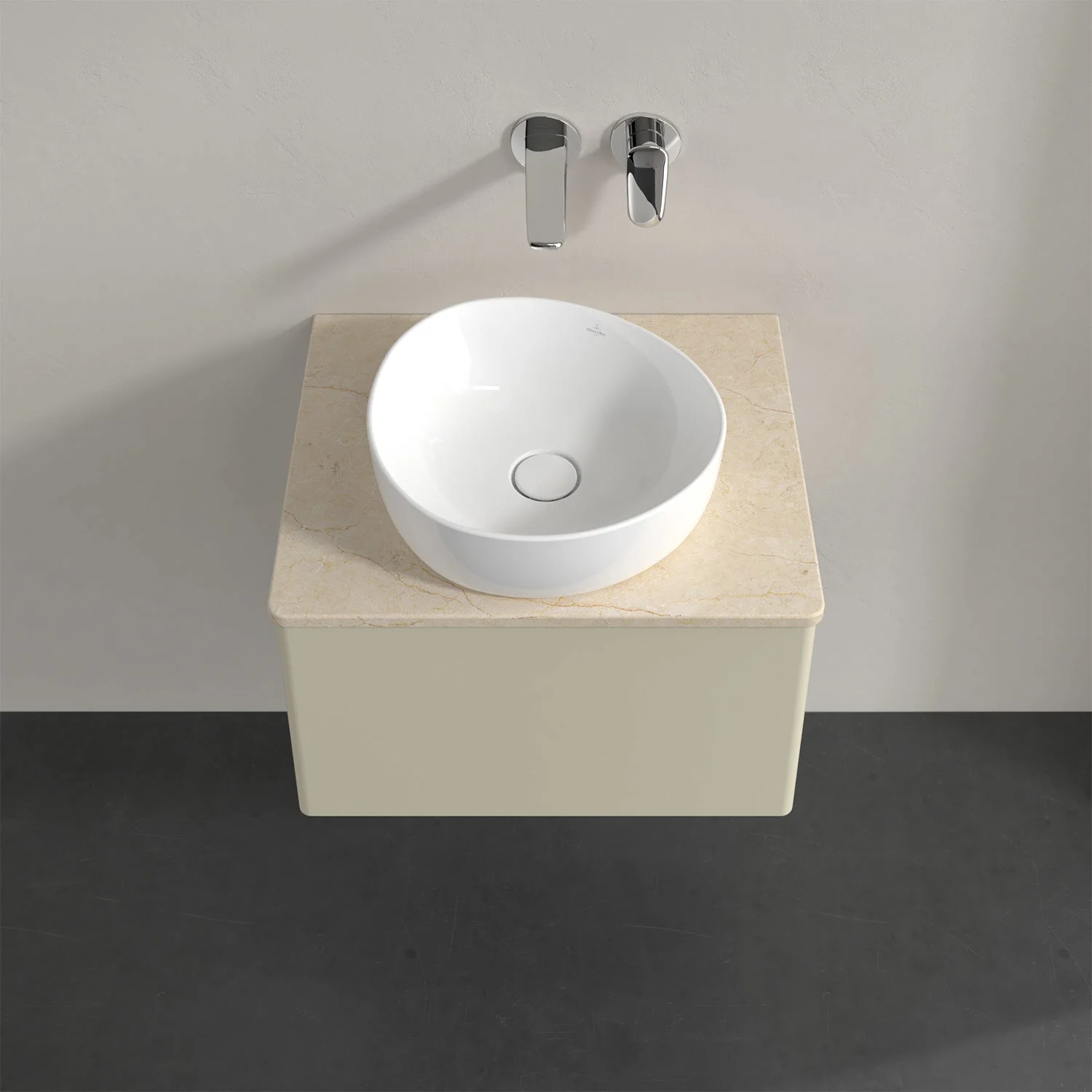 Okrągła umywalka na beżowej szafce, Villeroy & Boch