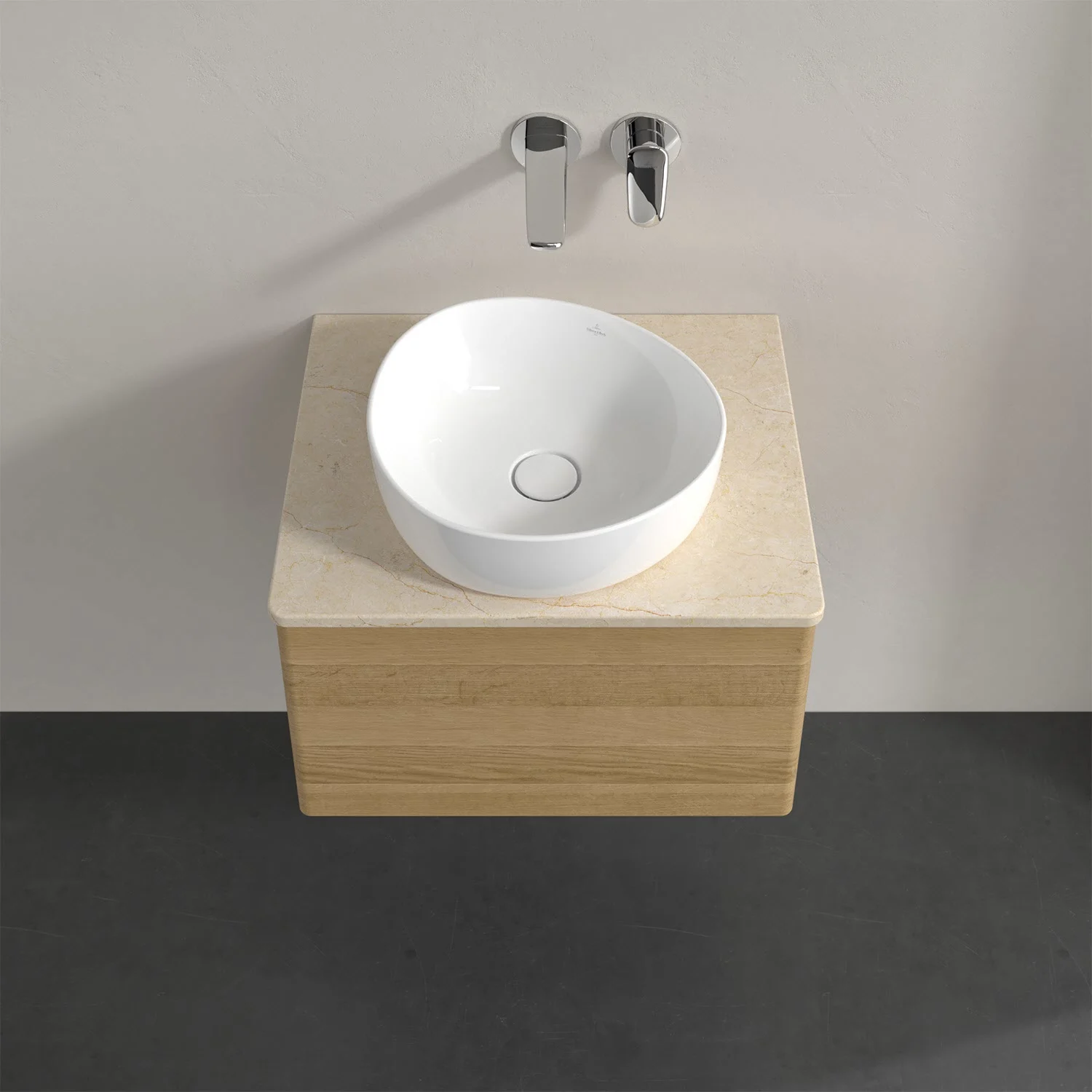 Umywalka z drewnianą szafką w zbliżeniu, Villeroy & Boch