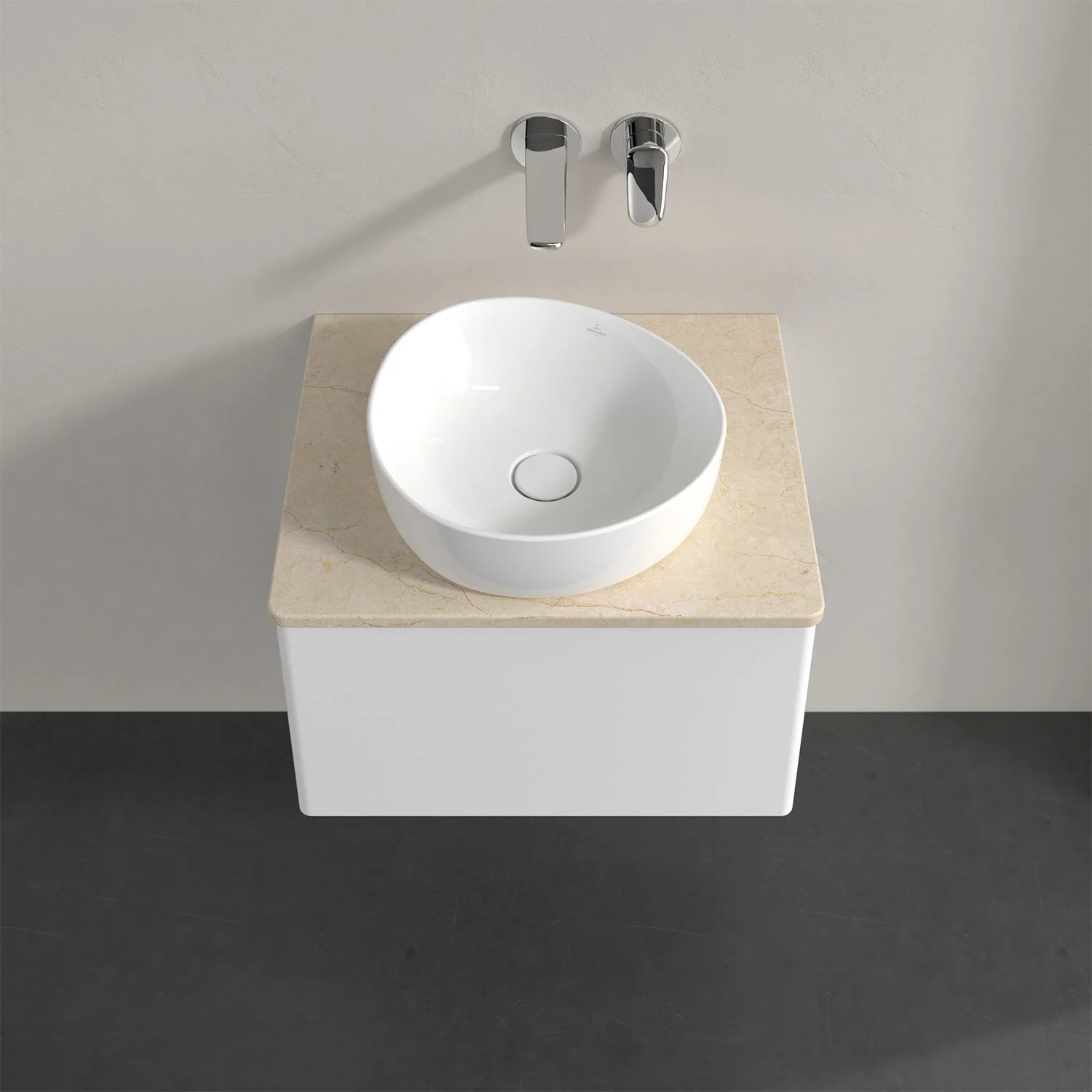 Umywalka z białą szafką w zbliżeniu, Villeroy & Boch