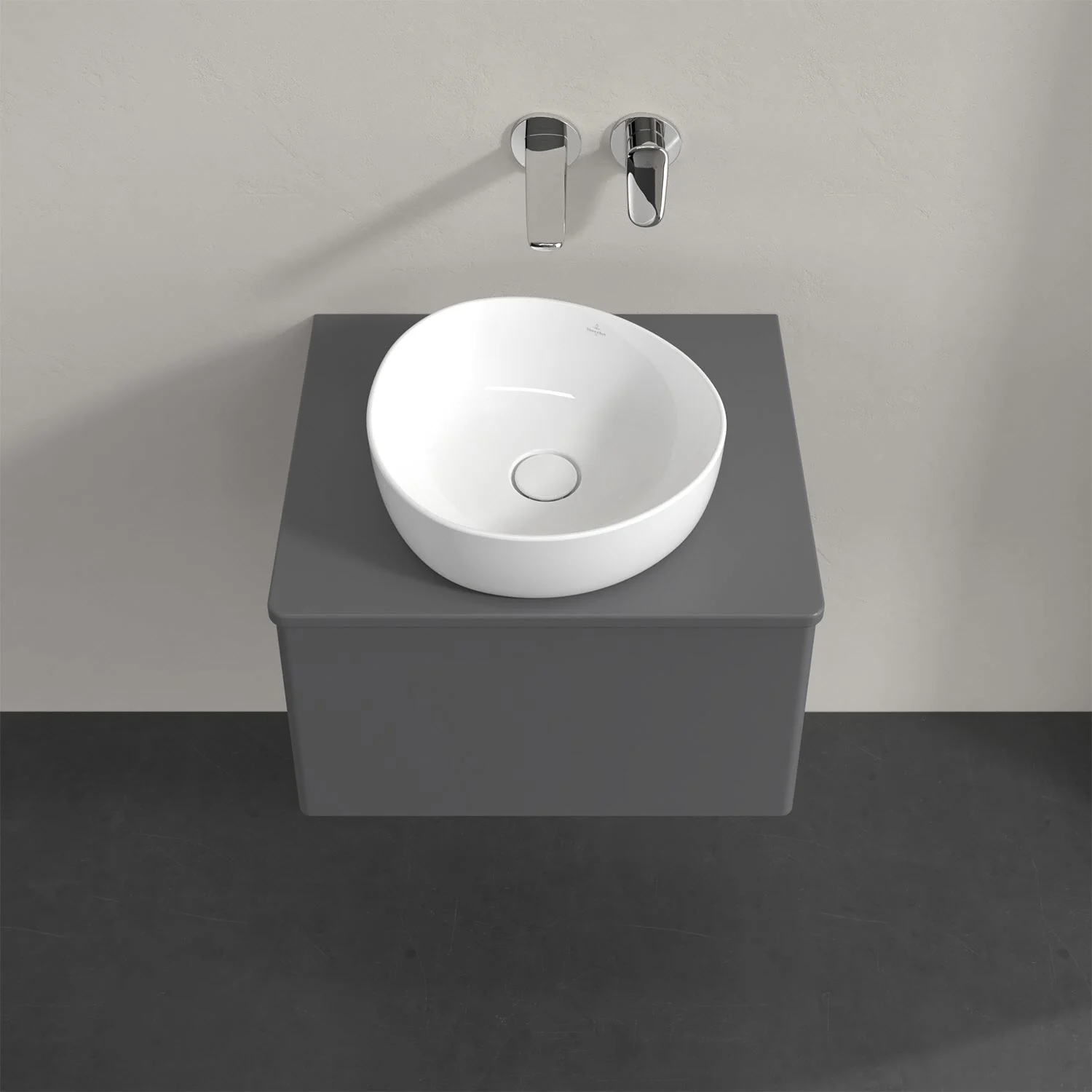 Biała umywalka na szarej szafce, Villeroy & Boch