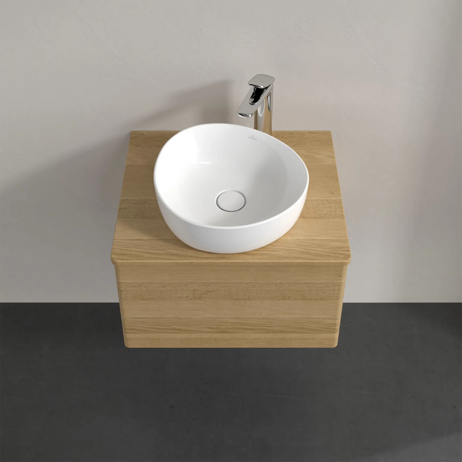 Umywalka na drewnianym blacie z drewnianą szafką, Villeroy & Boch