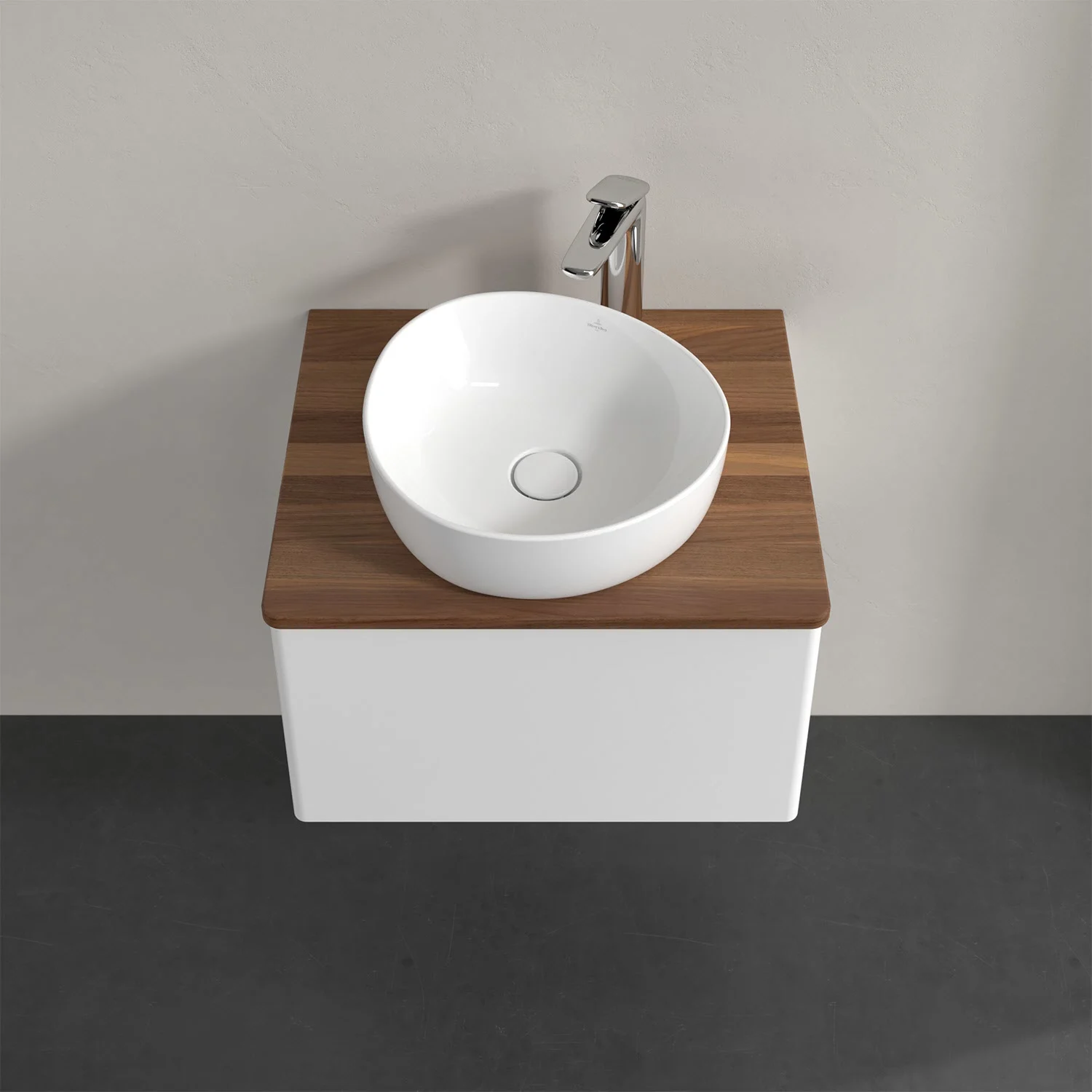 Umywalka na jasnym drewnianym blacie z góry, Villeroy & Boch