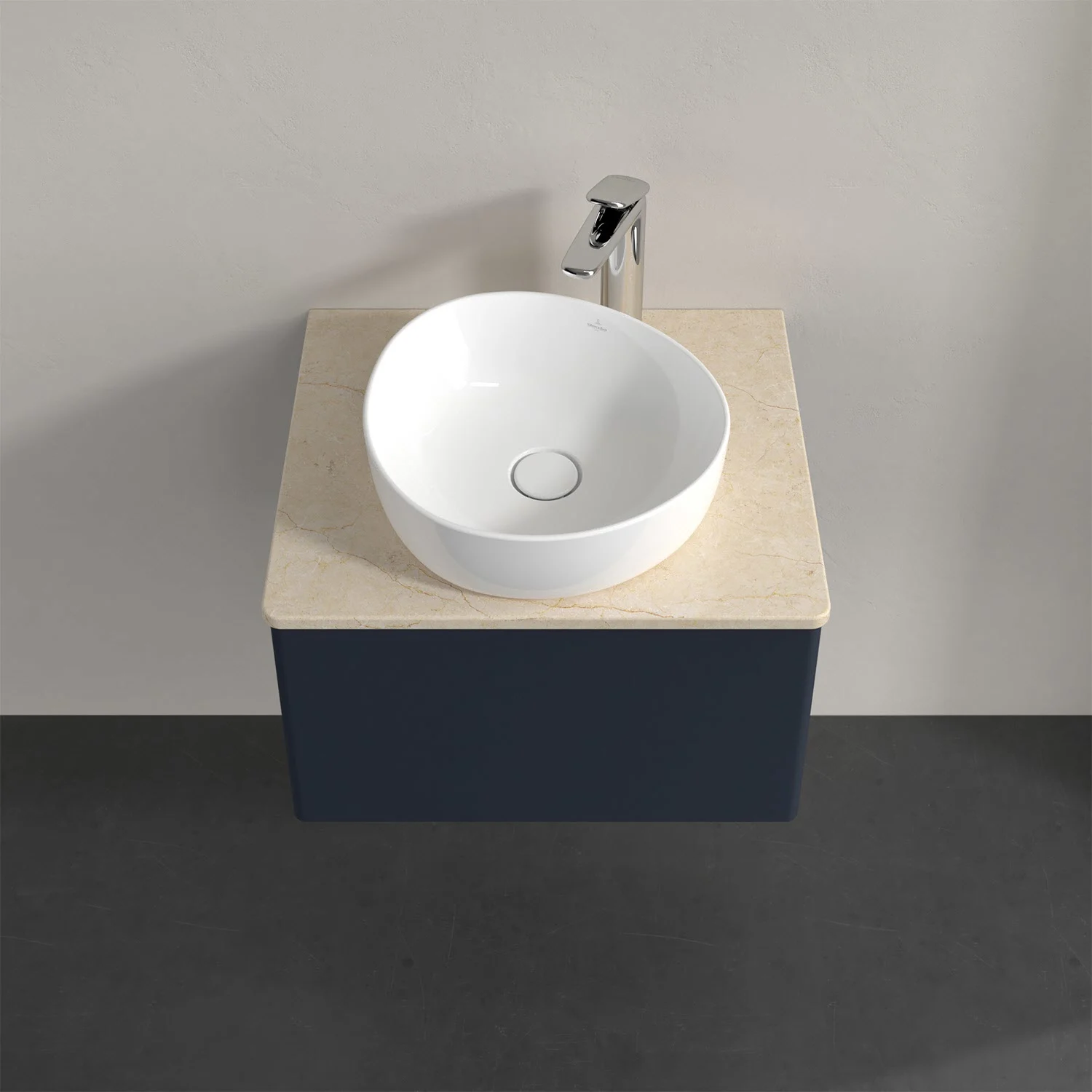 Okrągła umywalka na kwadratowej szafce, Villeroy & Boch