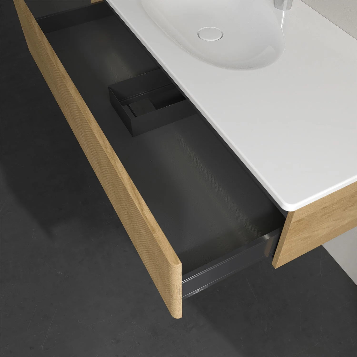 Umywalka z otwartą szufladą w drewnianym wyglądzie, Villeroy & Boch