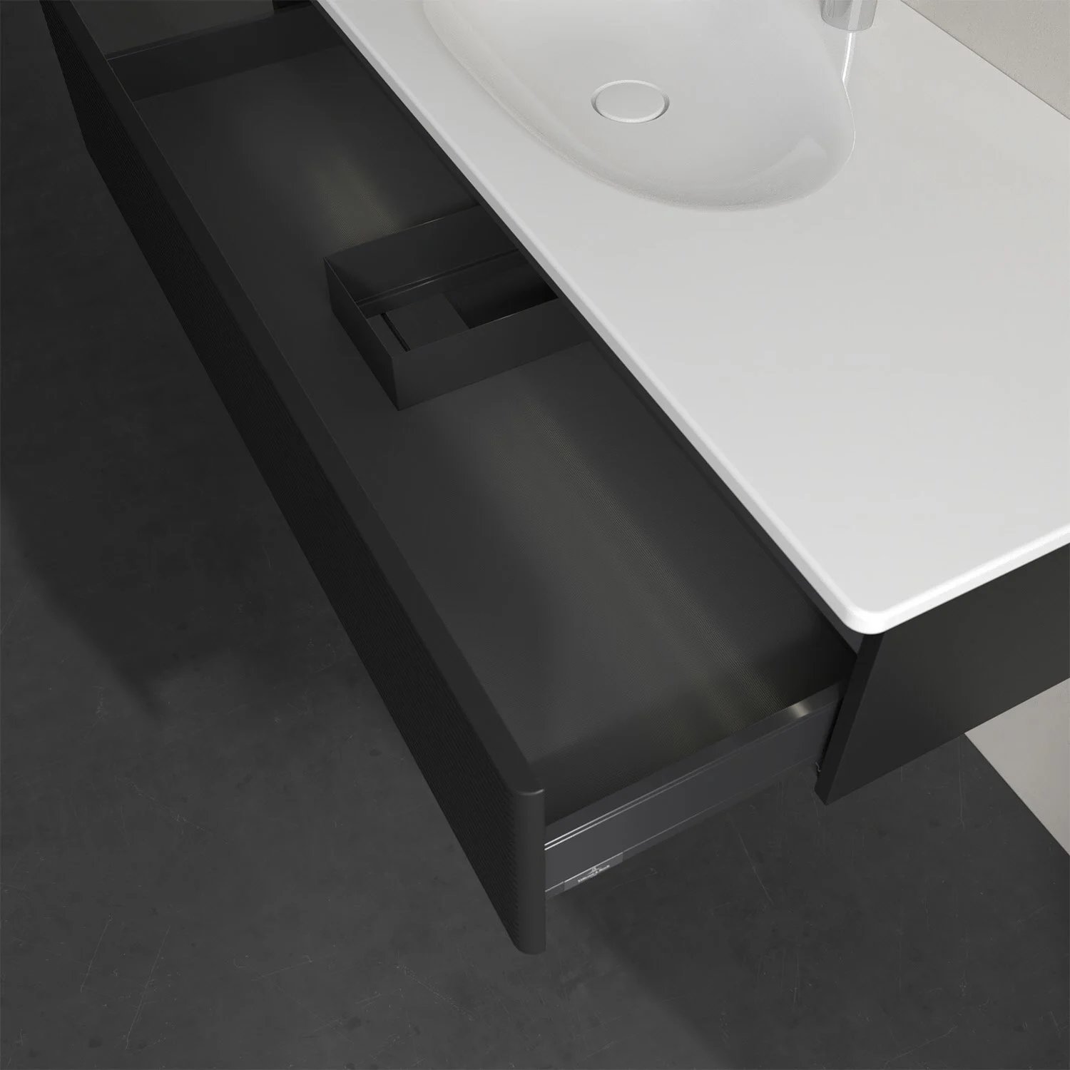 Otwarta szuflada pod umywalką z góry, Villeroy & Boch
