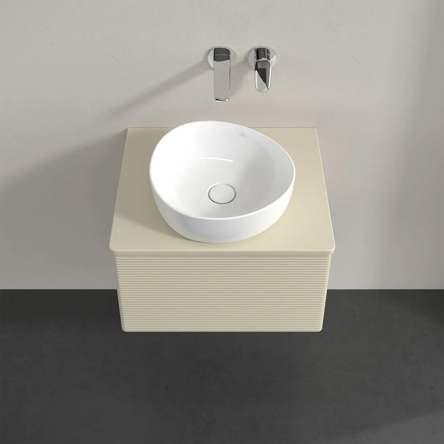 Umywalka na beżowej szafce w łazience, Villeroy & Boch