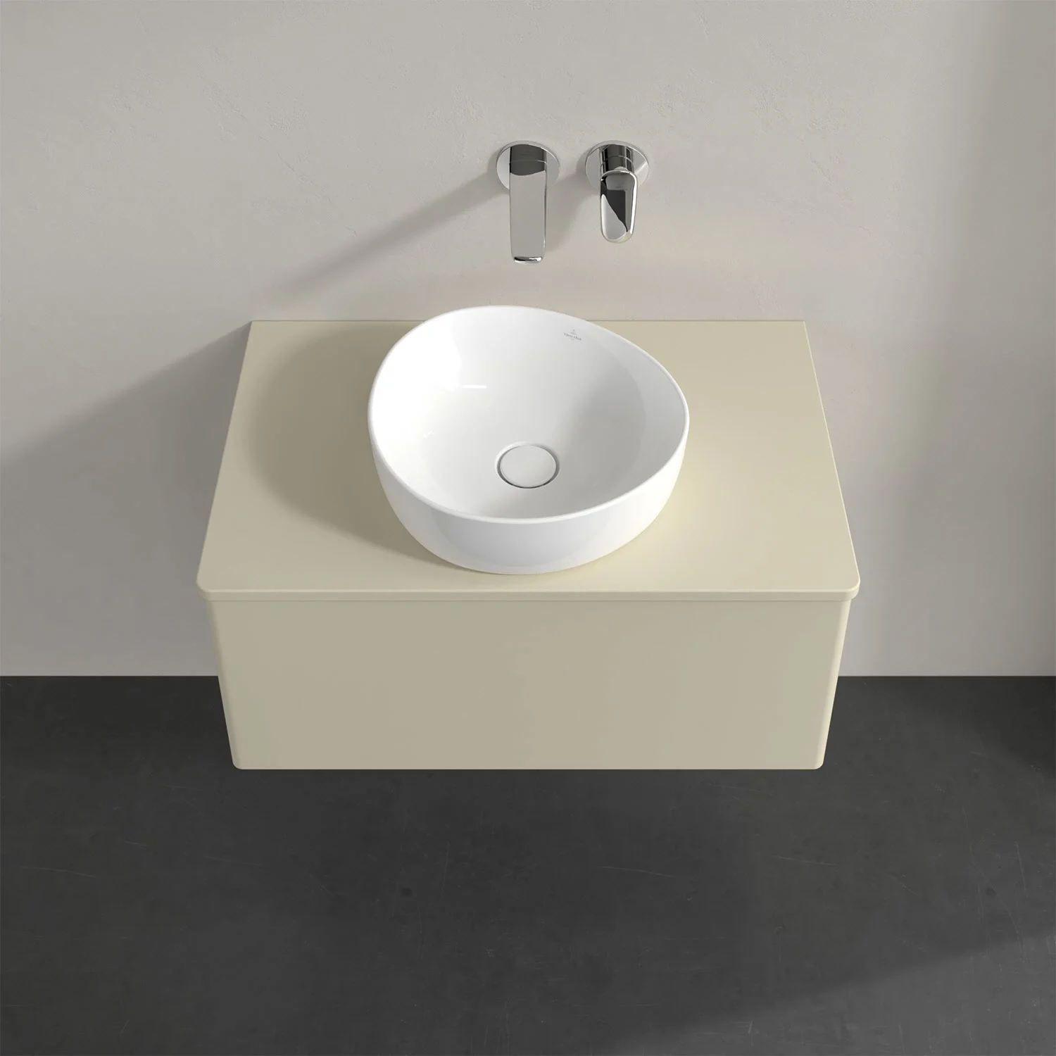 Beżowa umywalka z białą umywalką nablatową, Villeroy & Boch