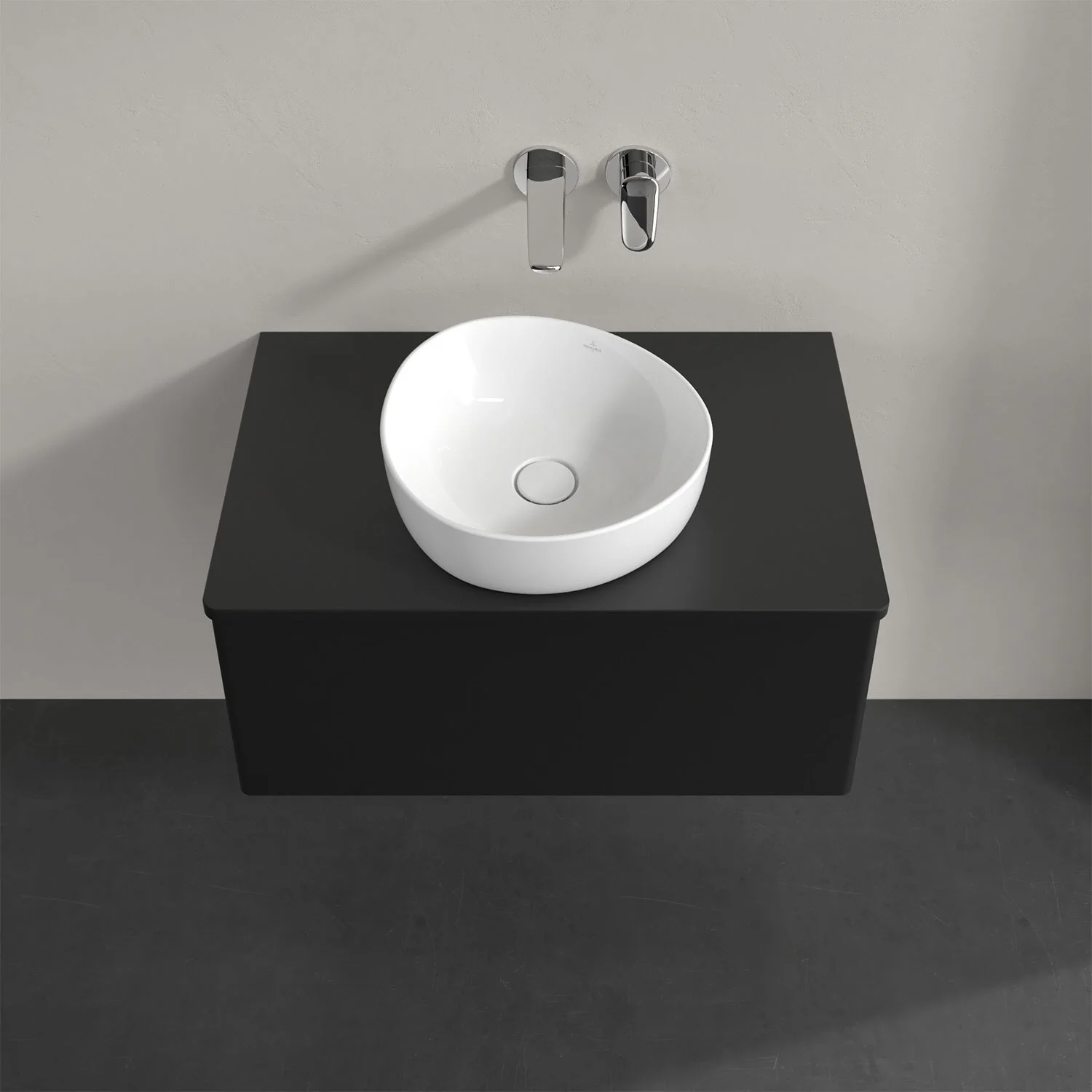 Umywalka na czarnym blacie z czarną szafką, Villeroy & Boch