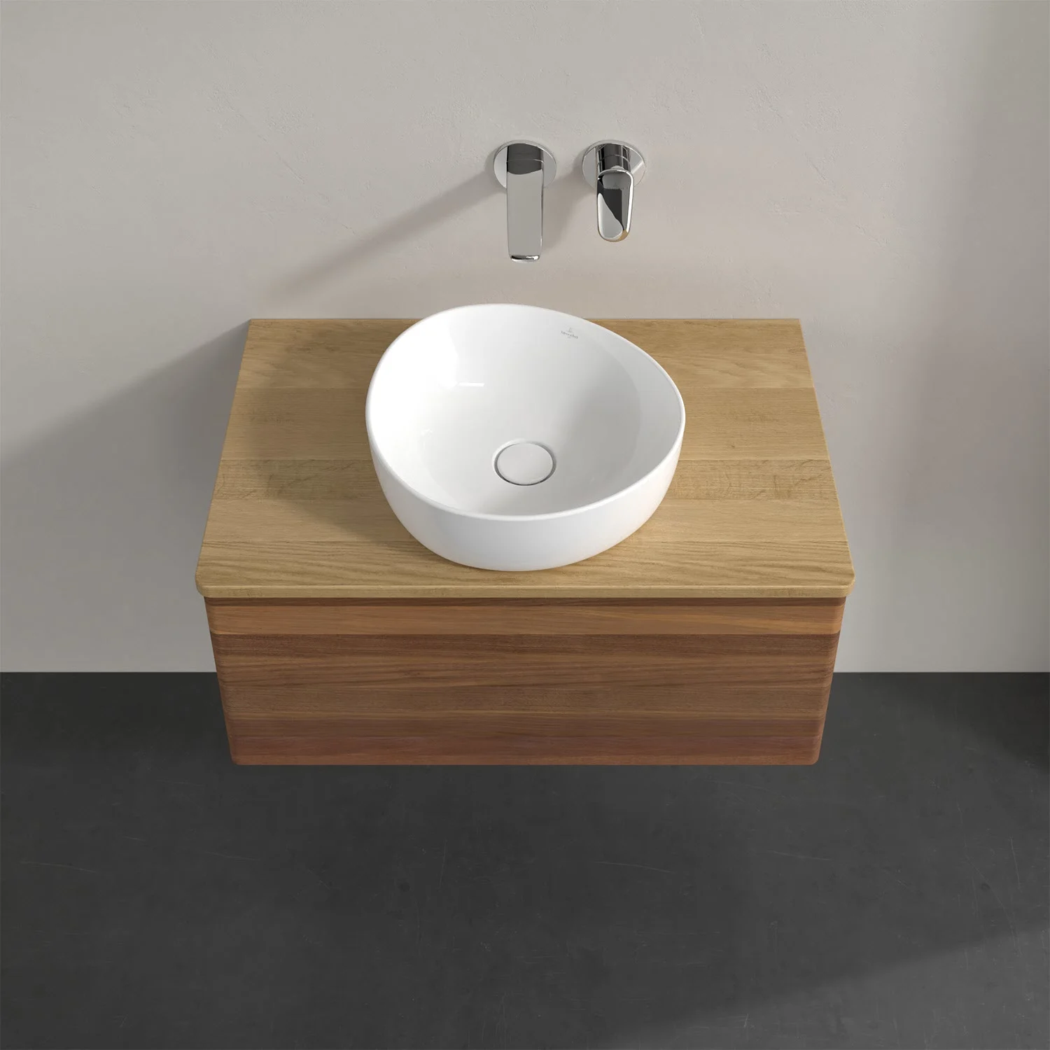 Drewniana umywalka z białą umywalką na ścianie, Villeroy & Boch