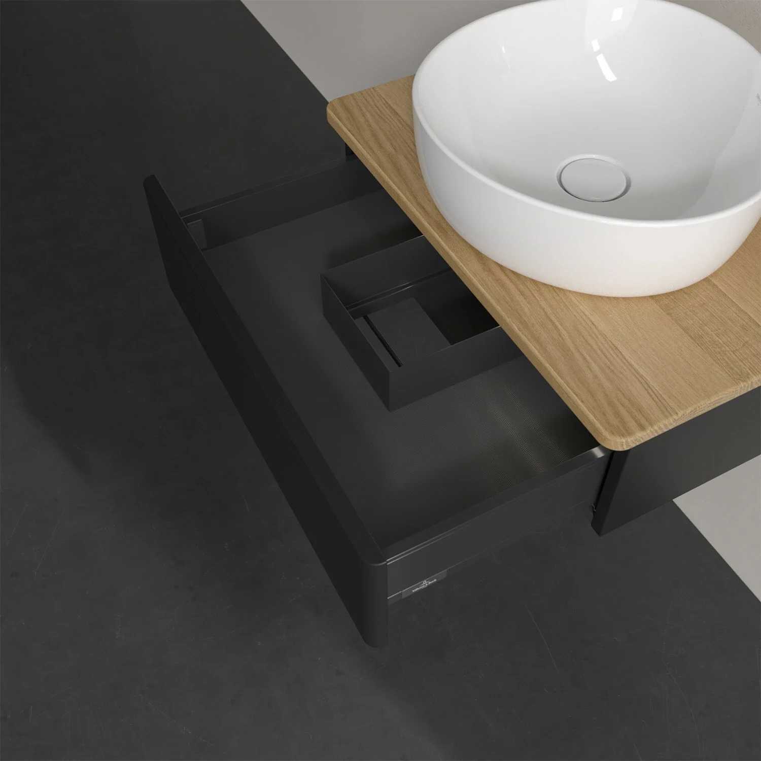 Umywalka z czarną szufladą i drewnianym blatem, Villeroy & Boch